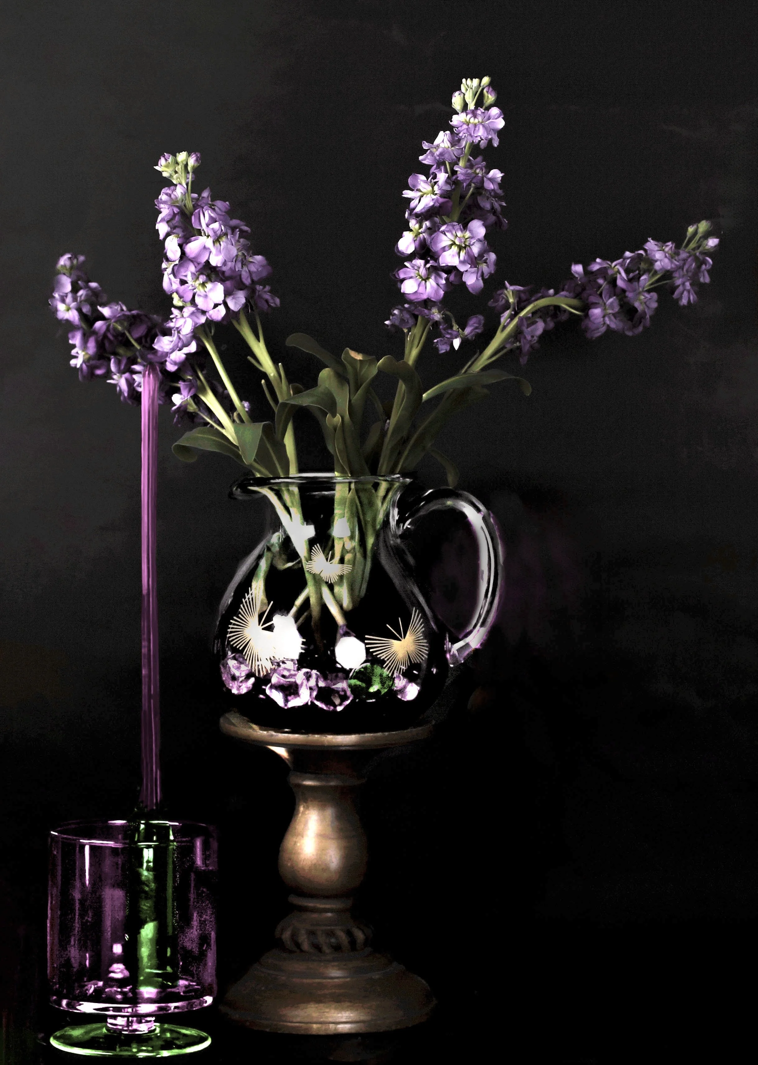 LS-00193Untitled (Four Lavender Stock Blooms on Black Background) · Still Life · 2024