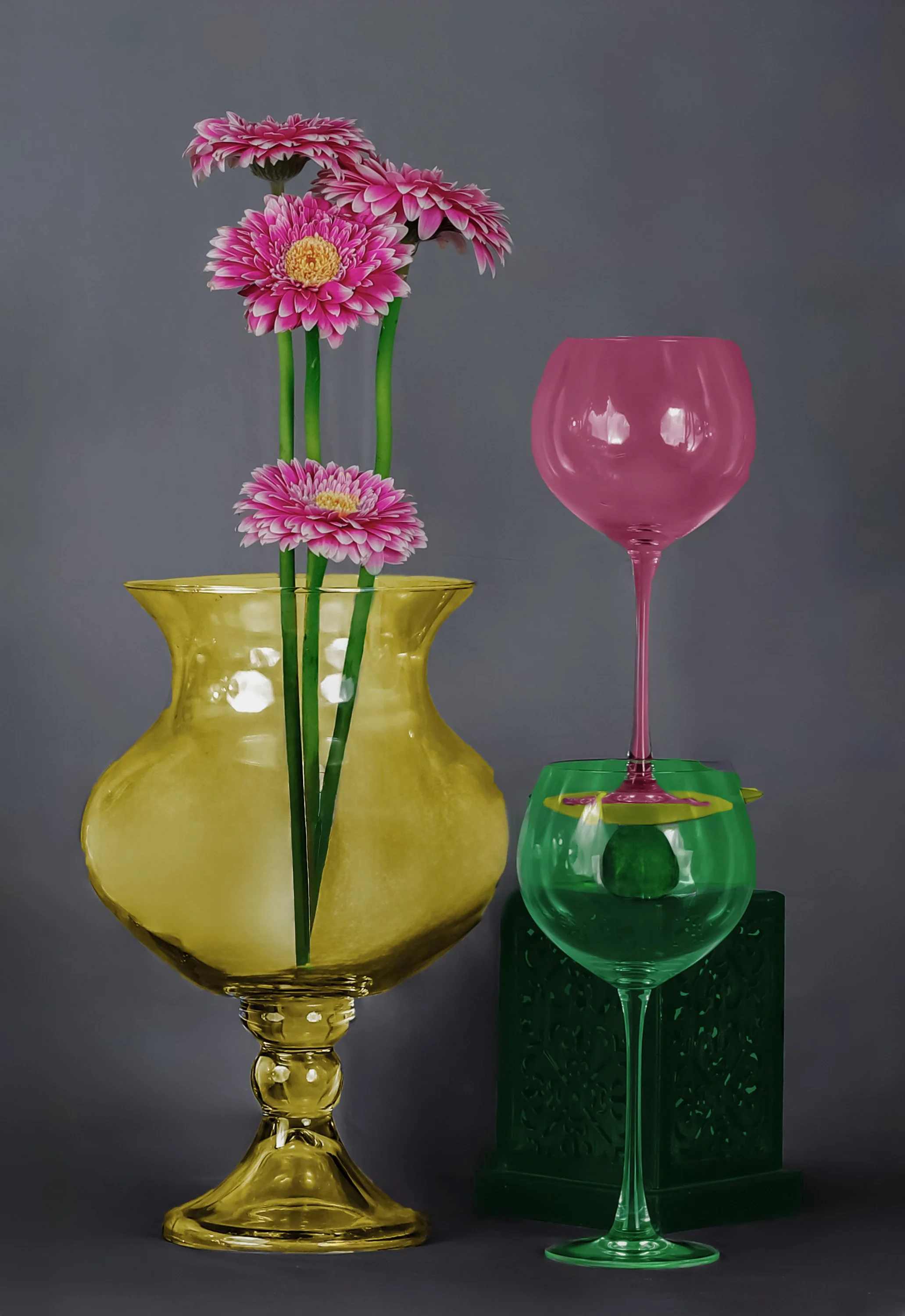 LS-00206 · Untitled (Four Pink Barberton Daisies on Gray Background) · Still Life · 2025