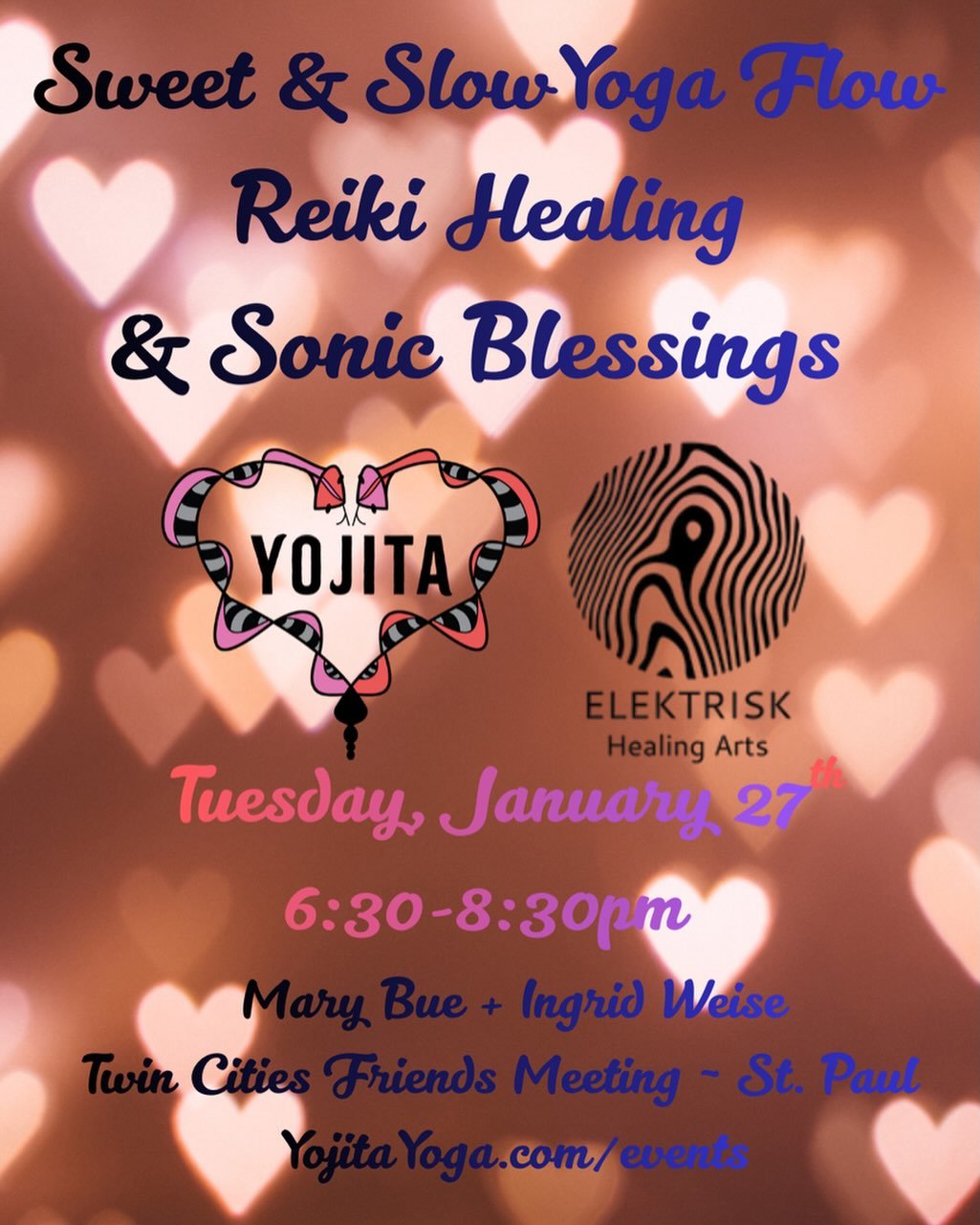 💗 
We would love to welcome you tomorrow/Tuesday
to a warm community nest
at Twin Cities Friends Meeting 
in St. Paul (or online) 
from 6:30-8:30pm cst ~ 
Tuesday 1/27 for 
Sweet, Slow Yoga Flow, Reiki Healing &amp; Sonic Blessings w/ Mary Bue &amp;
