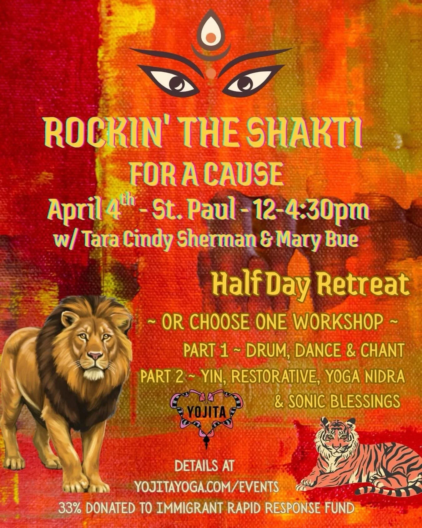 🐯❤️&zwj;🔥🦁 

Whether you want to ROAR or PURR or both we would love to raise shakti with you for a good cause!

All are welcome 
TOMORROW ~ 
Saturday, April 4th in St. Paul 

ROCKIN&rsquo; THE SHAKTI FOR A CAUSE

Come for the half-day retreat or 
