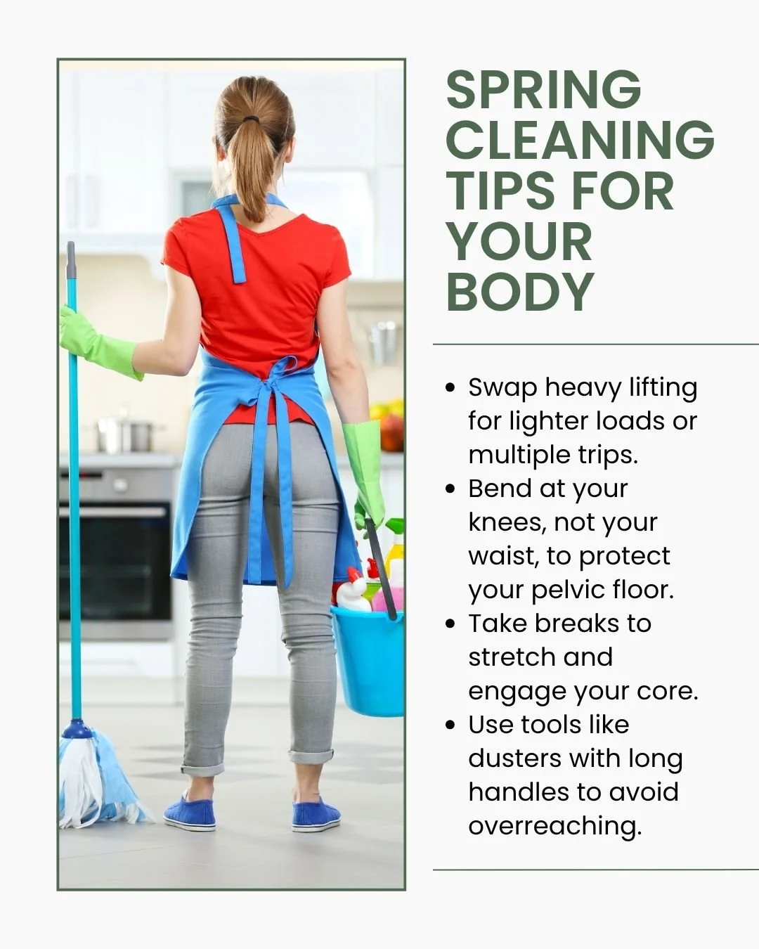 Spring cleaning doesn&rsquo;t have to stress your body. Protect your pelvic health while keeping your home fresh.

Request an Appointment at kimmcphailpelvicphysicaltherapy.com &bull; 615-212-8964 &bull; kim@kimmcphailpelvicphysicaltherapy.com

#Wome