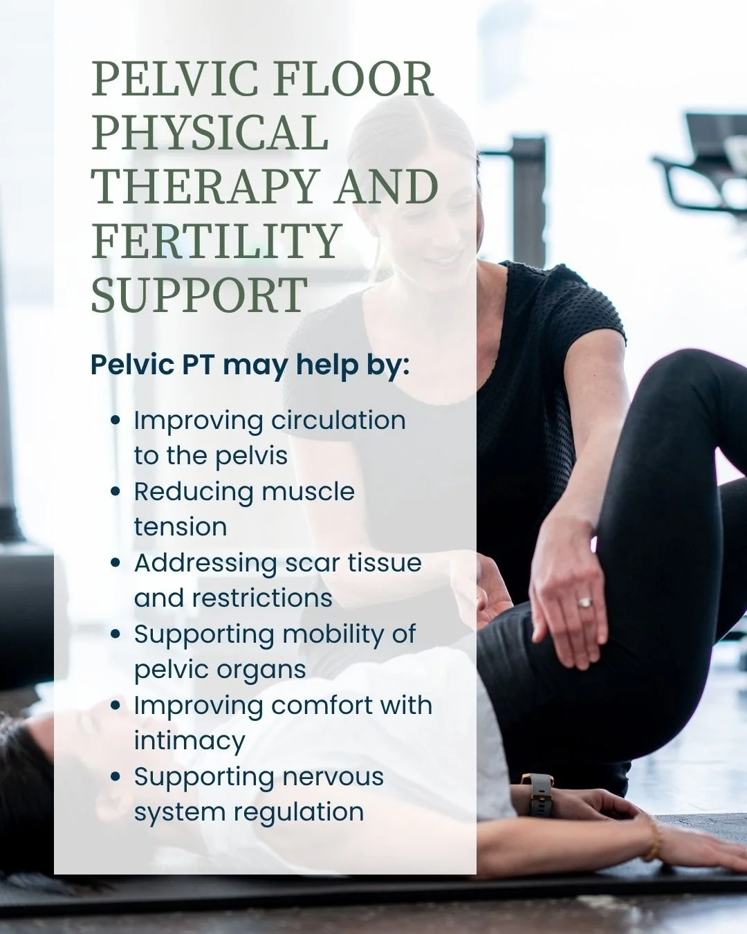 This week is National infertility Awareness Week. 

Pelvic floor physical therapy focuses on mobility, circulation, and coordination. These factors help support the body&rsquo;s natural function and overall reproductive health.

Request an Appointmen