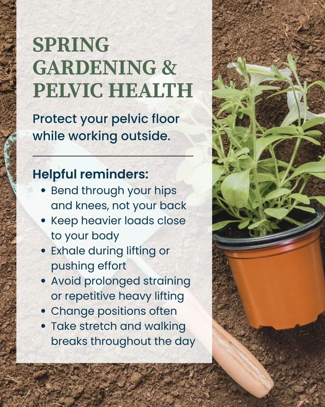 Spring yard work and gardening place extra demand on the core and pelvic floor. Paying attention to breathing, lifting mechanics, and movement breaks helps support your body while staying active outdoors.

Request an Appointment at kimmcphailpelvicph