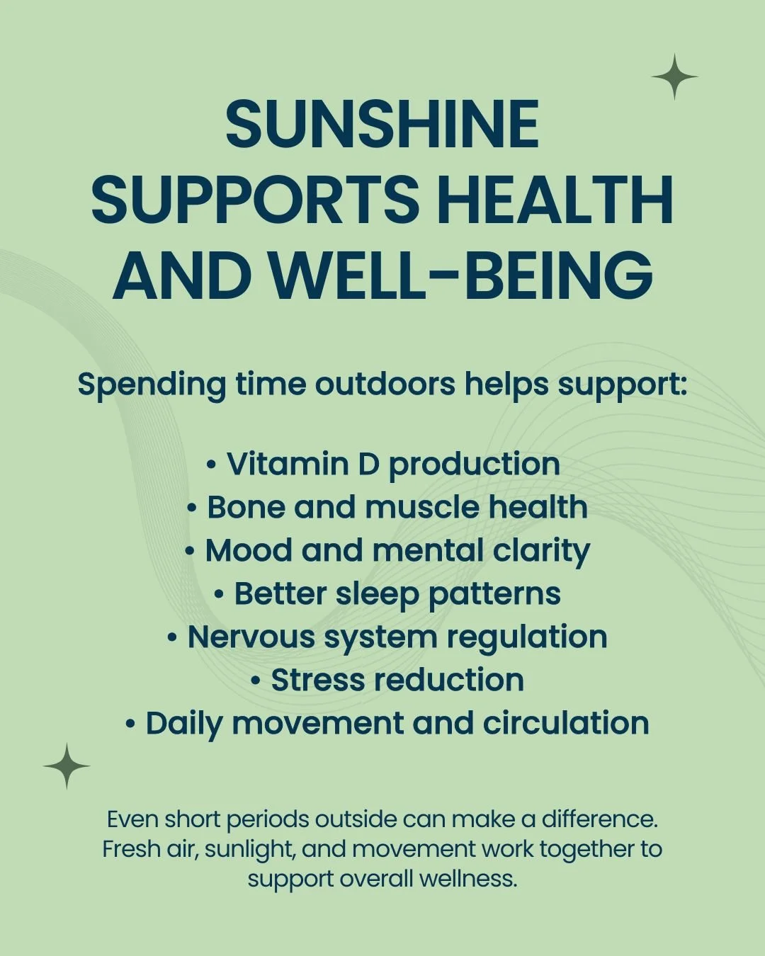 Natural sunlight plays an important role in physical and mental health. Time outdoors supports mood, sleep, movement, and nervous system balance. A short walk outside each day is a simple way to support your overall well-being.

Request an Appointmen