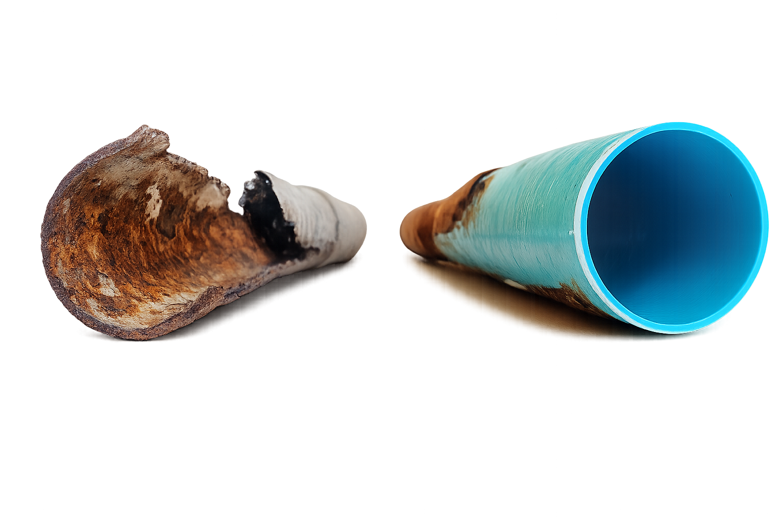 Before and after, pipe repair, fixed pipe, broken pipe.