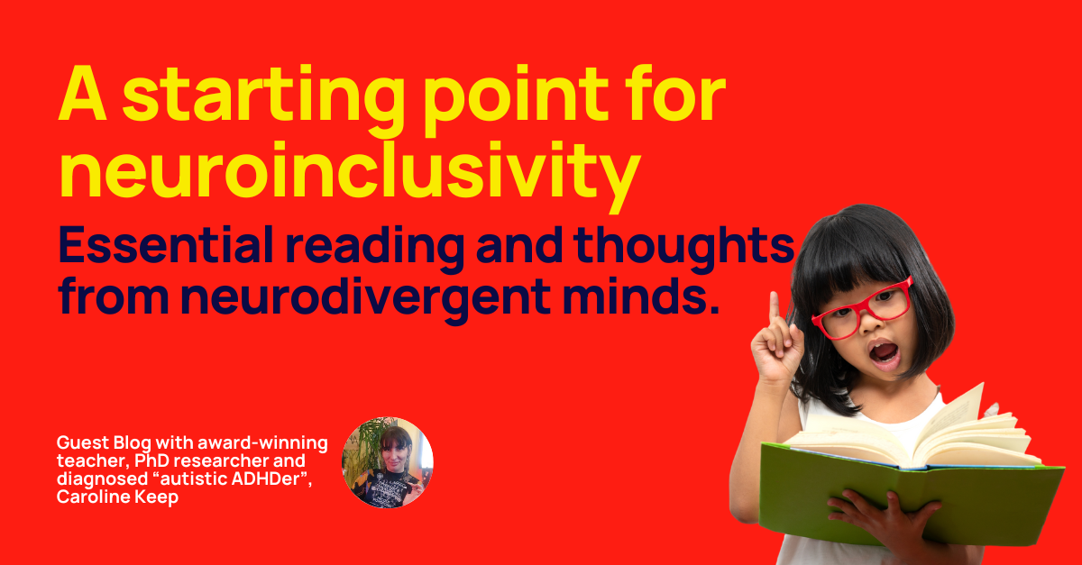 Red background with bold yellow and blue text about neurodiversity, featuring a young girl with black hair, red glasses, holding an open book, and raising her finger, along with a small circular inset photo of a woman with dark hair and bangs, smiling.