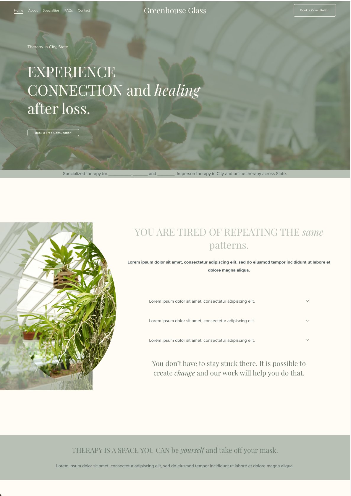 A website homepage for Greenhouse Glass, a therapy center, featuring images of plants in a greenhouse, with marketing and informational text about therapy services.