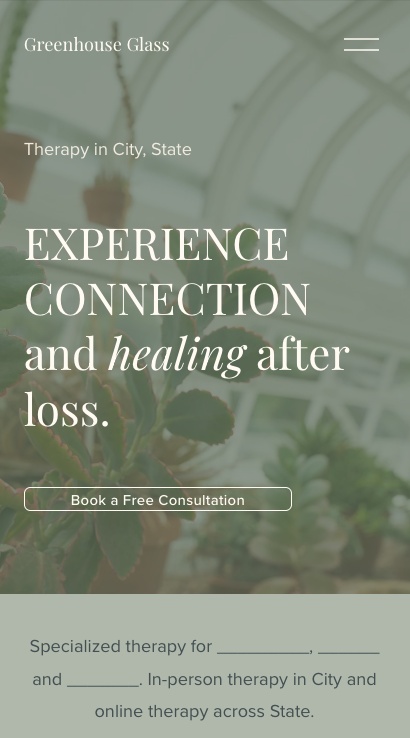 A website homepage for Greenhouse Glass showcasing therapy services in a greenhouse with plants and sunlight.