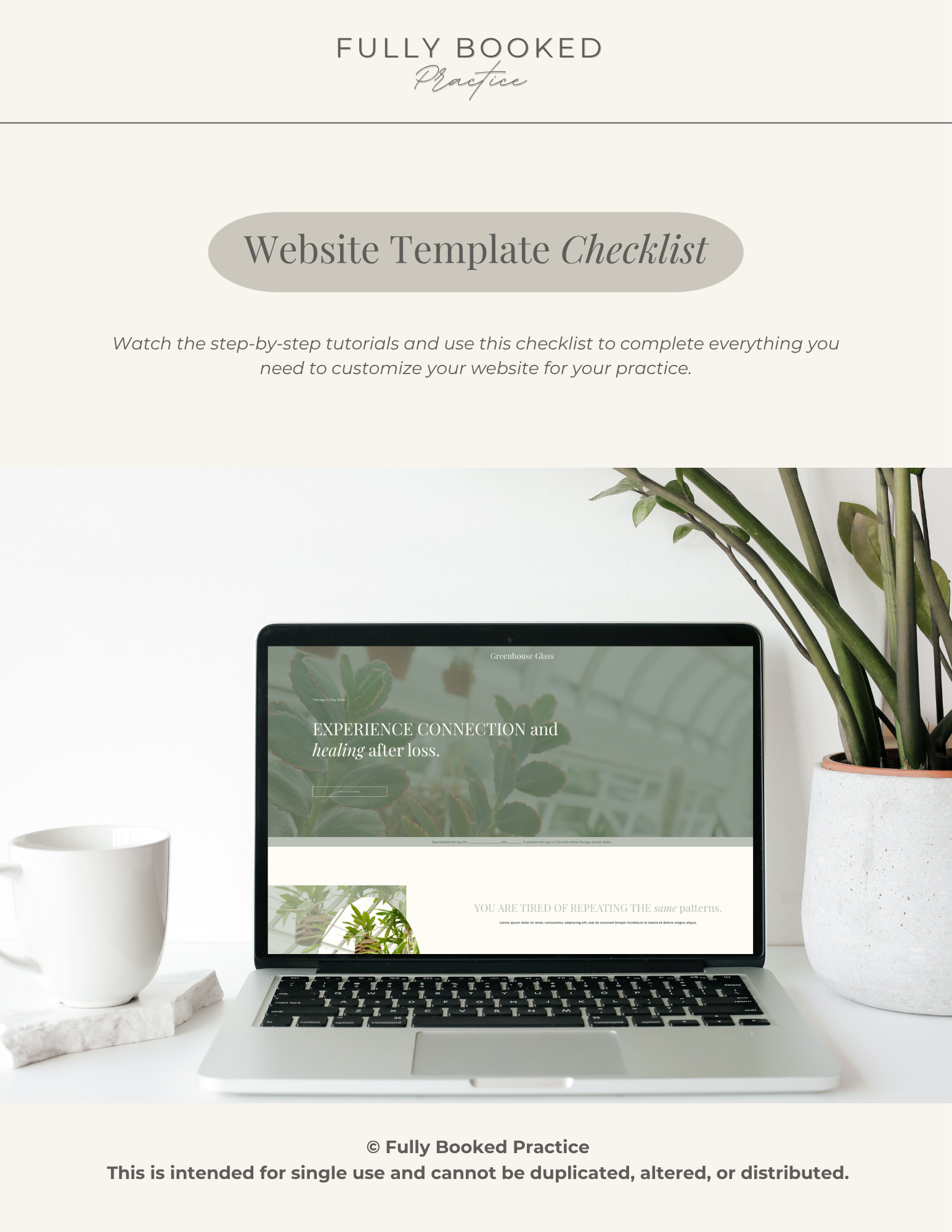 Screenshot of a website titled 'Fully Booked Practice' with a subtitle 'Website Template Checklist'. The website recommends watching step-by-step tutorials to customize a website for practice. The background shows a desk with a laptop, a white mug, and a potted plant.