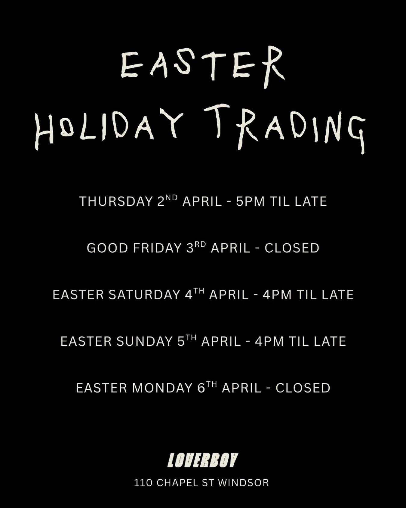 EASTER LONG WEEKEND 🐣

We&rsquo;re pouring, cooking + staying up late:

Thursday 2nd April &mdash; from 5pm
Good Friday &mdash; closed
Saturday &mdash; from 4pm
Sunday &mdash; from 4pm
Monday &mdash; closed

Kitchen open all night 🍽️

Book a table 
