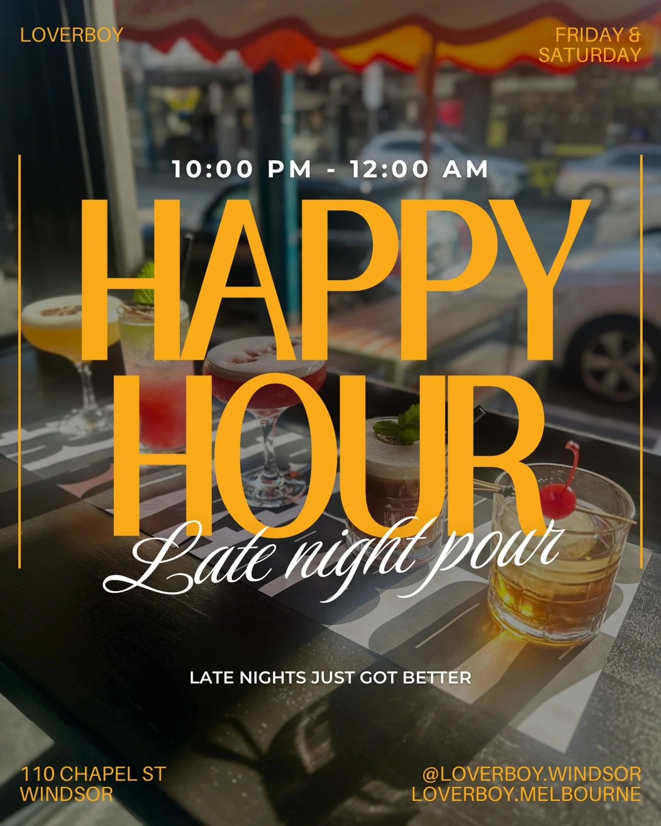 Start early with our Happy Hour from 5PM&ndash;8PM, then stay late for the pour. You made it this far&hellip; don&rsquo;t go home yet 🍸

LATE NIGHT POUR
Fridays + Saturdays | 10PM&ndash;12AM

$14 Passion Martinis + Margaritas
$10 Aperol Spritz, Hous