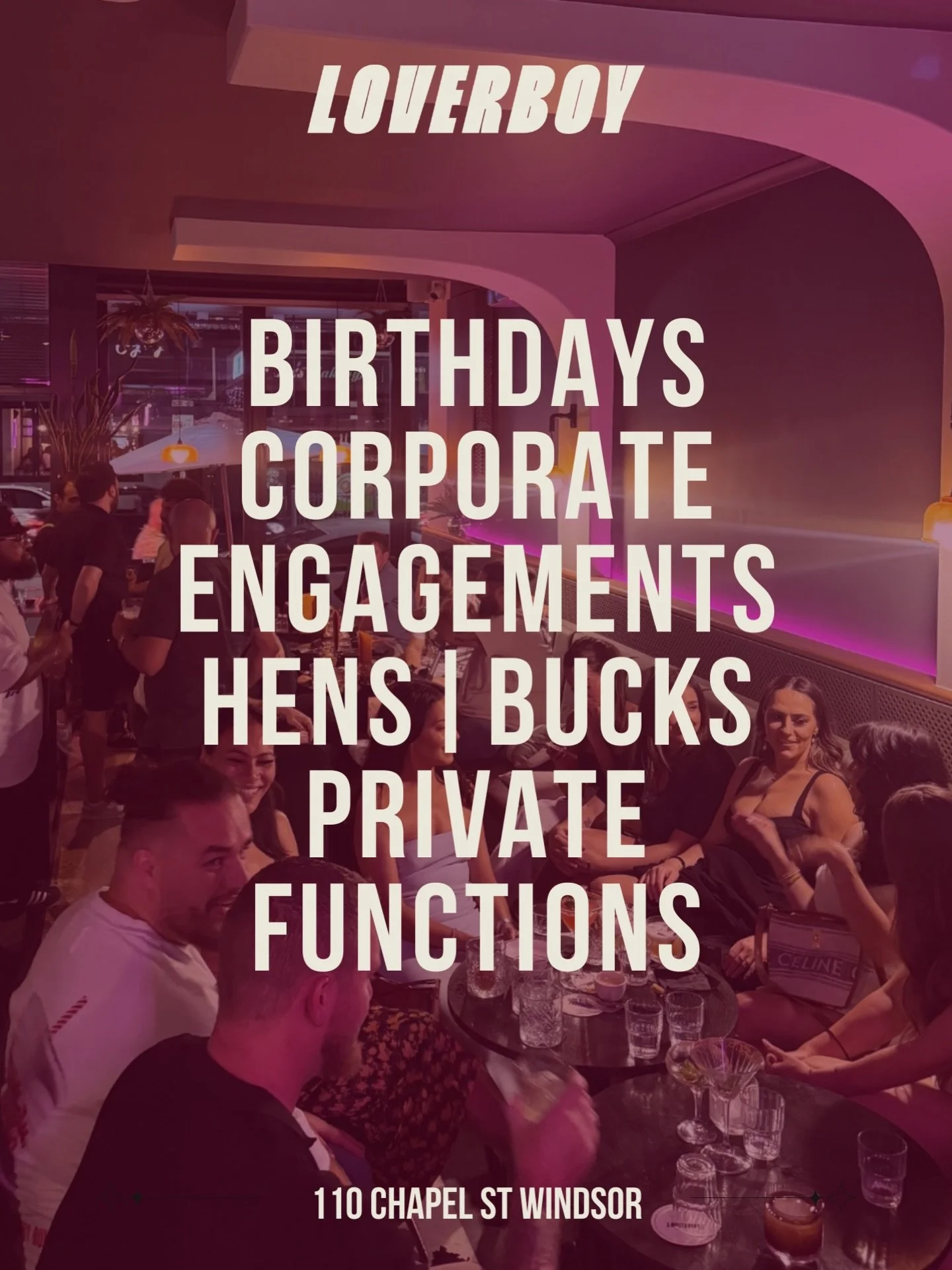 Looking for the perfect venue for your next function?✨

Host your next event at Loverboy in Windsor &mdash; the ideal space for intimate gatherings, milestone celebrations, corporate events, birthdays, engagements and everything in between.

Choose f