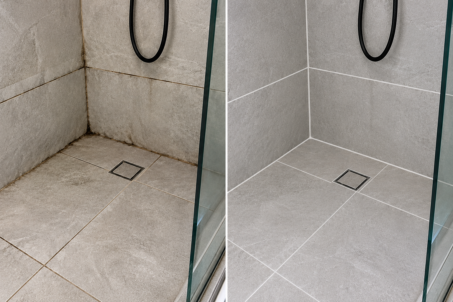 Comparison of a shower floor before and after cleaning, showing the removal of dirt and grime, with clean tiled surfaces and a drain in the center of each shower.