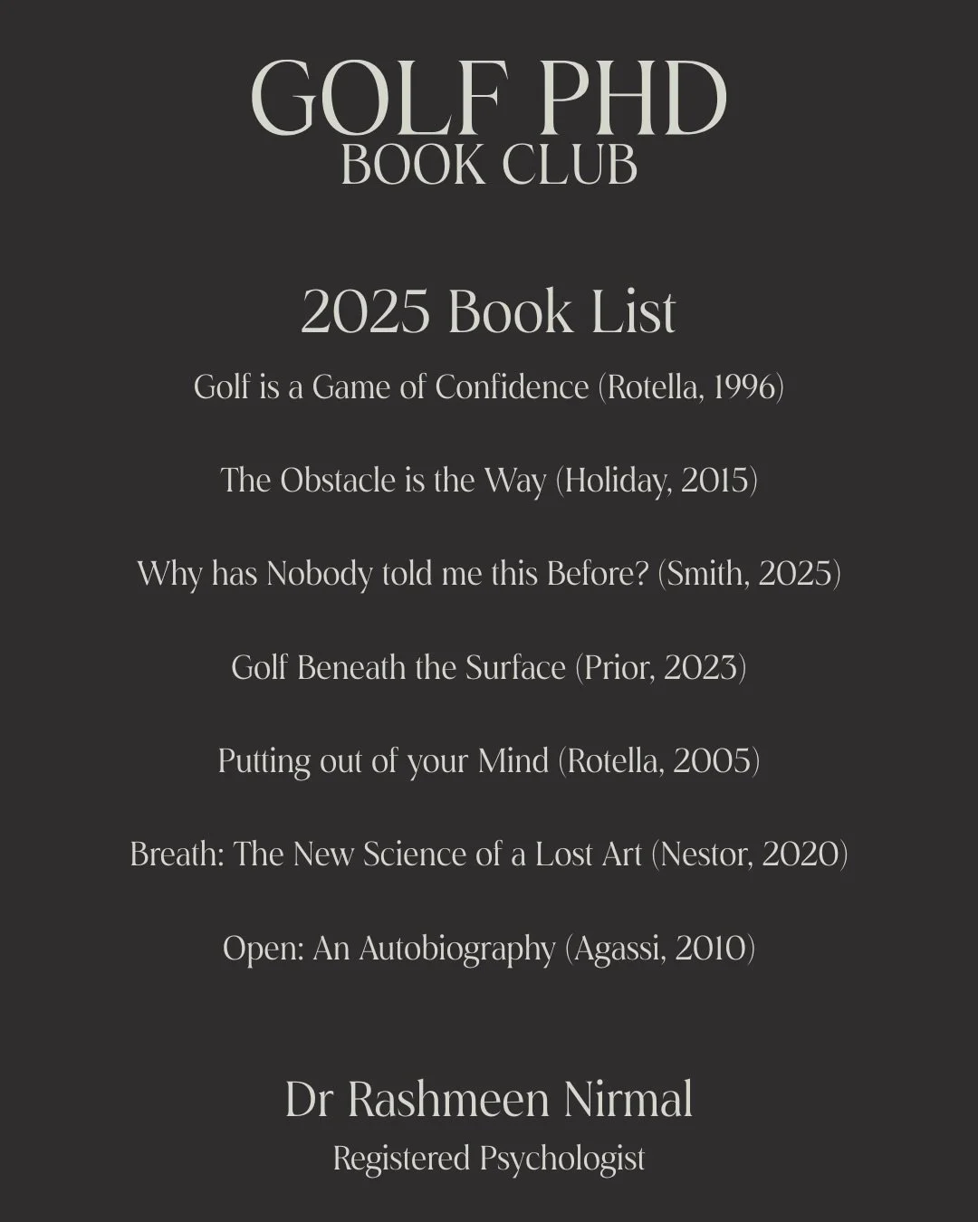 The GOLF PHD Book Club members were busy in 2025 reading a curated selection of books by Dr Nirmal. We had an awesome time meeting virtually every few months to chat about the books, golf, and life. We also had a field trip to try out Putt View, whic