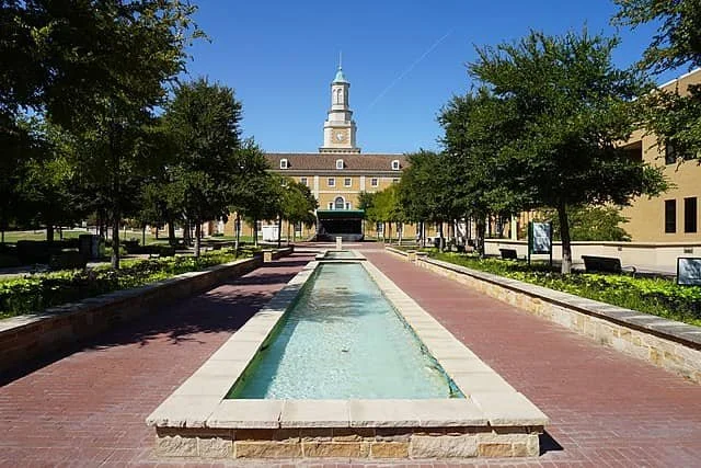 A photo of the central mall on campus at the University of North Texas in Denton, Texas.