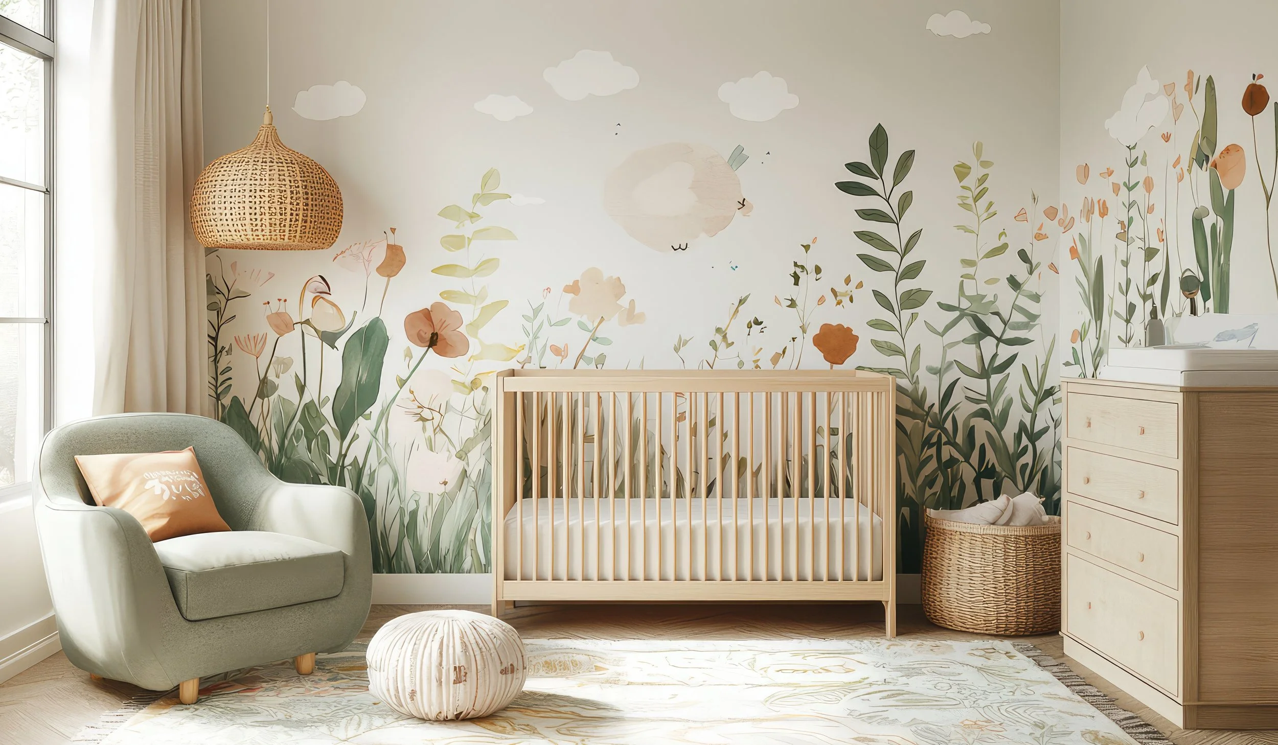 Non-toxic nursery with wooden crib and organic bedding
