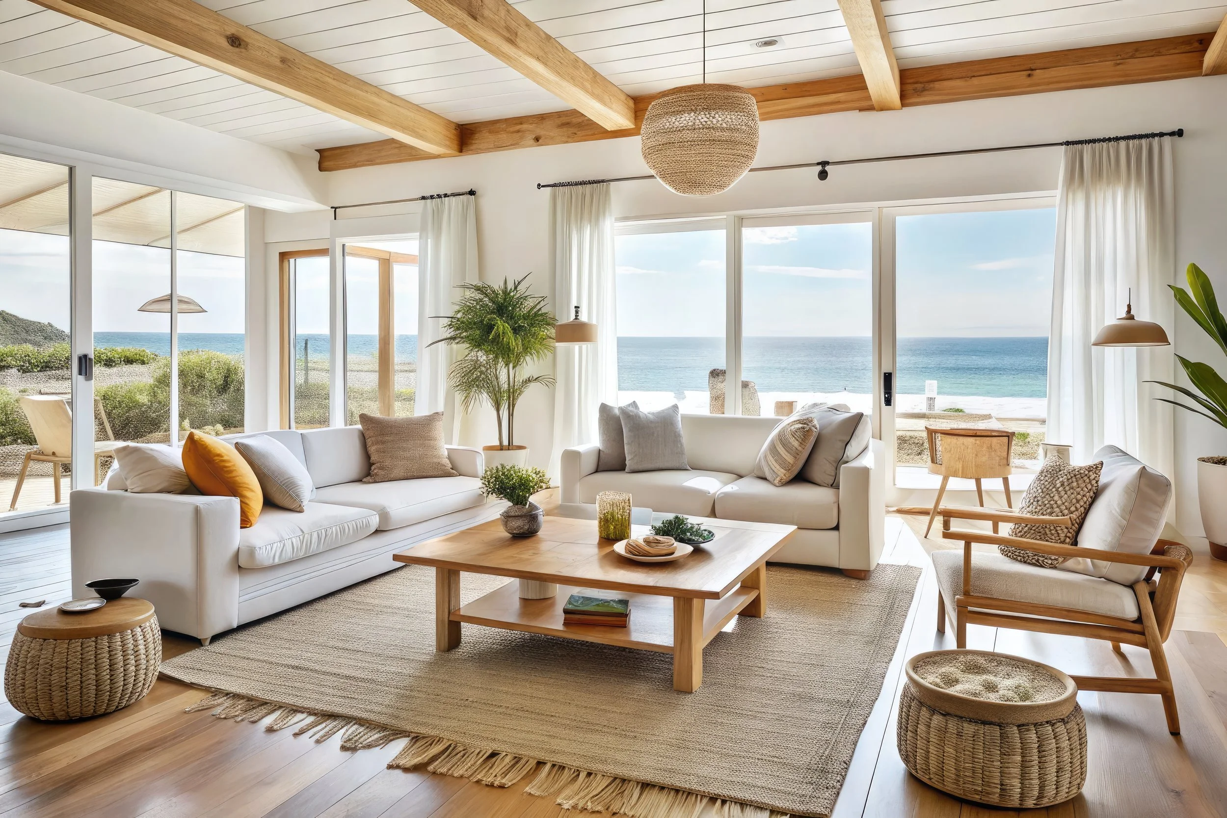 Bright living room with cream sofa, wooden coffee table, and indoor plants