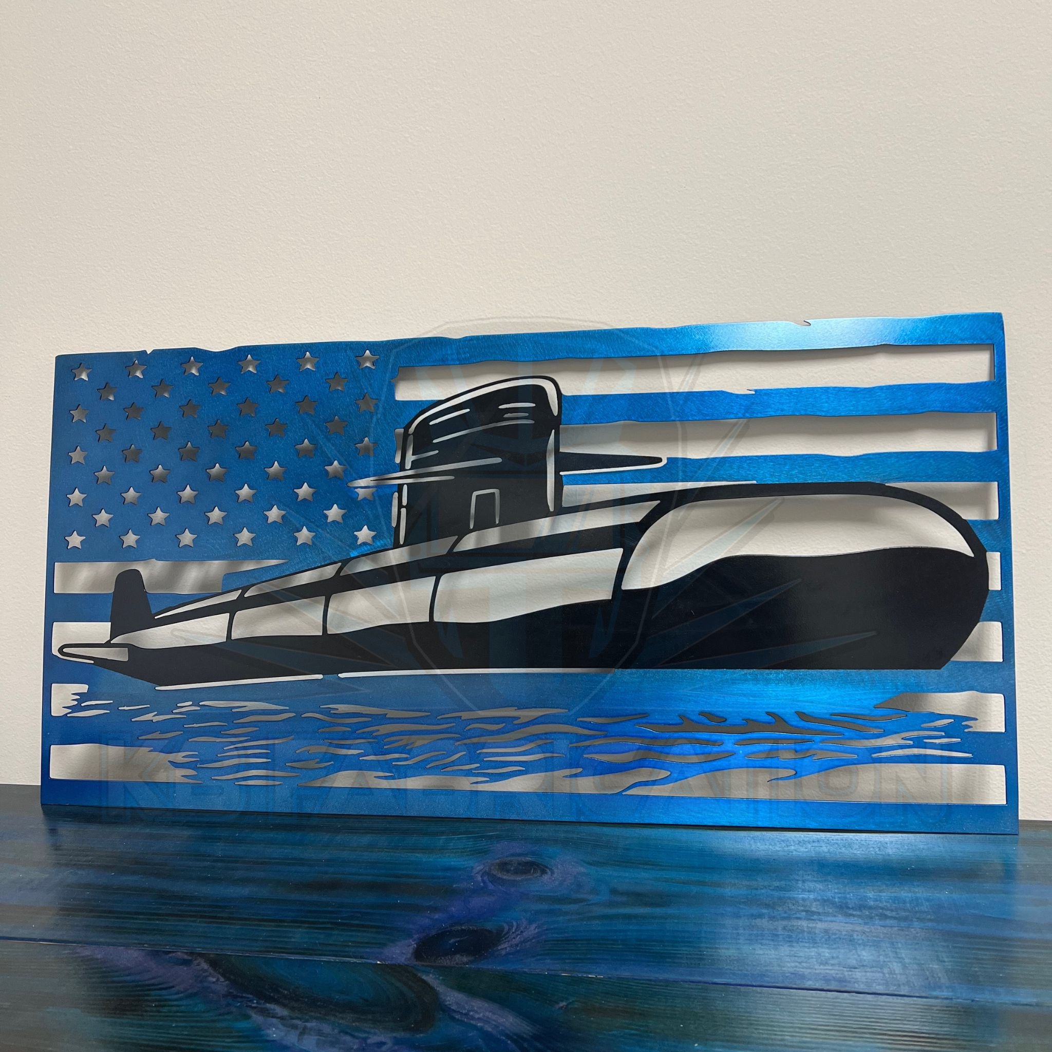 Submarine American Flag Metal painted in blue and black or available in solid black created by KB Fabrication