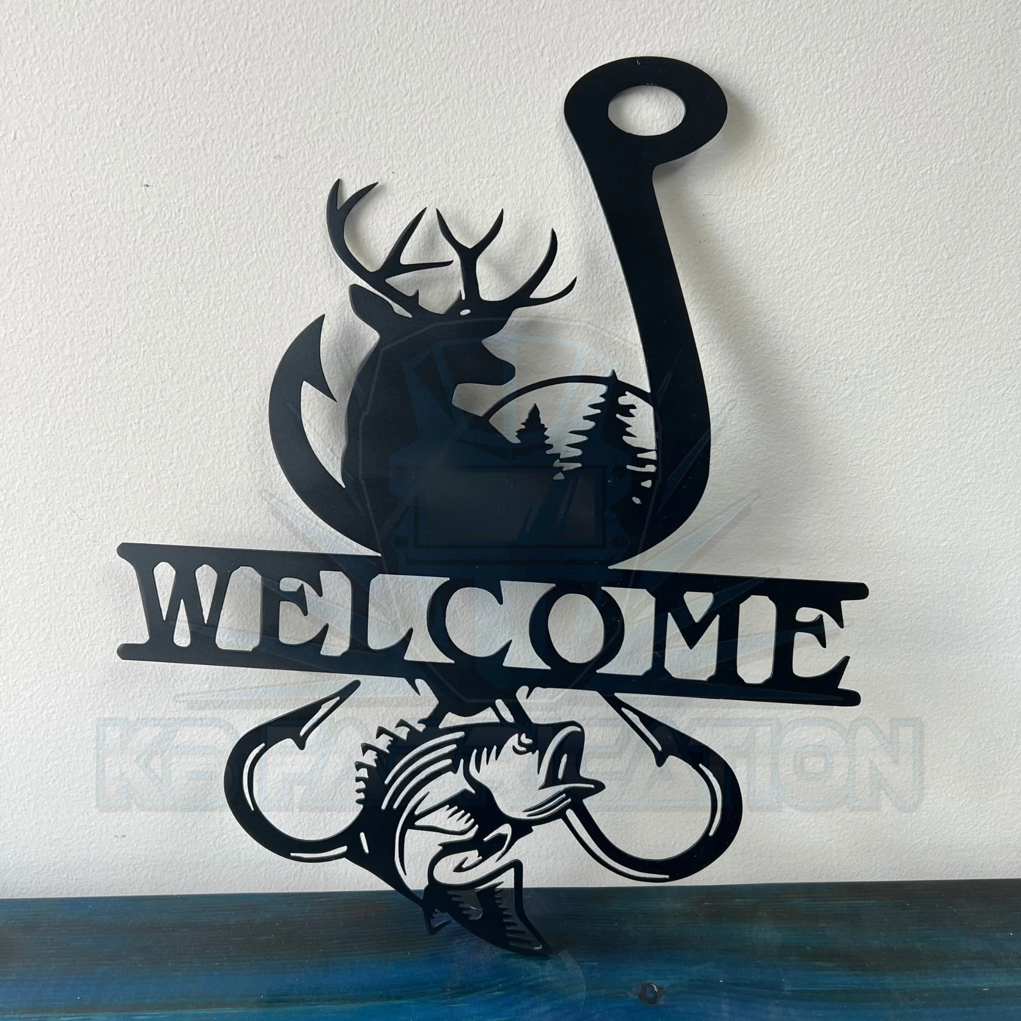 Welcome Metal Sign - Deer, Fish & Hook Rustic Cabin Wall Art