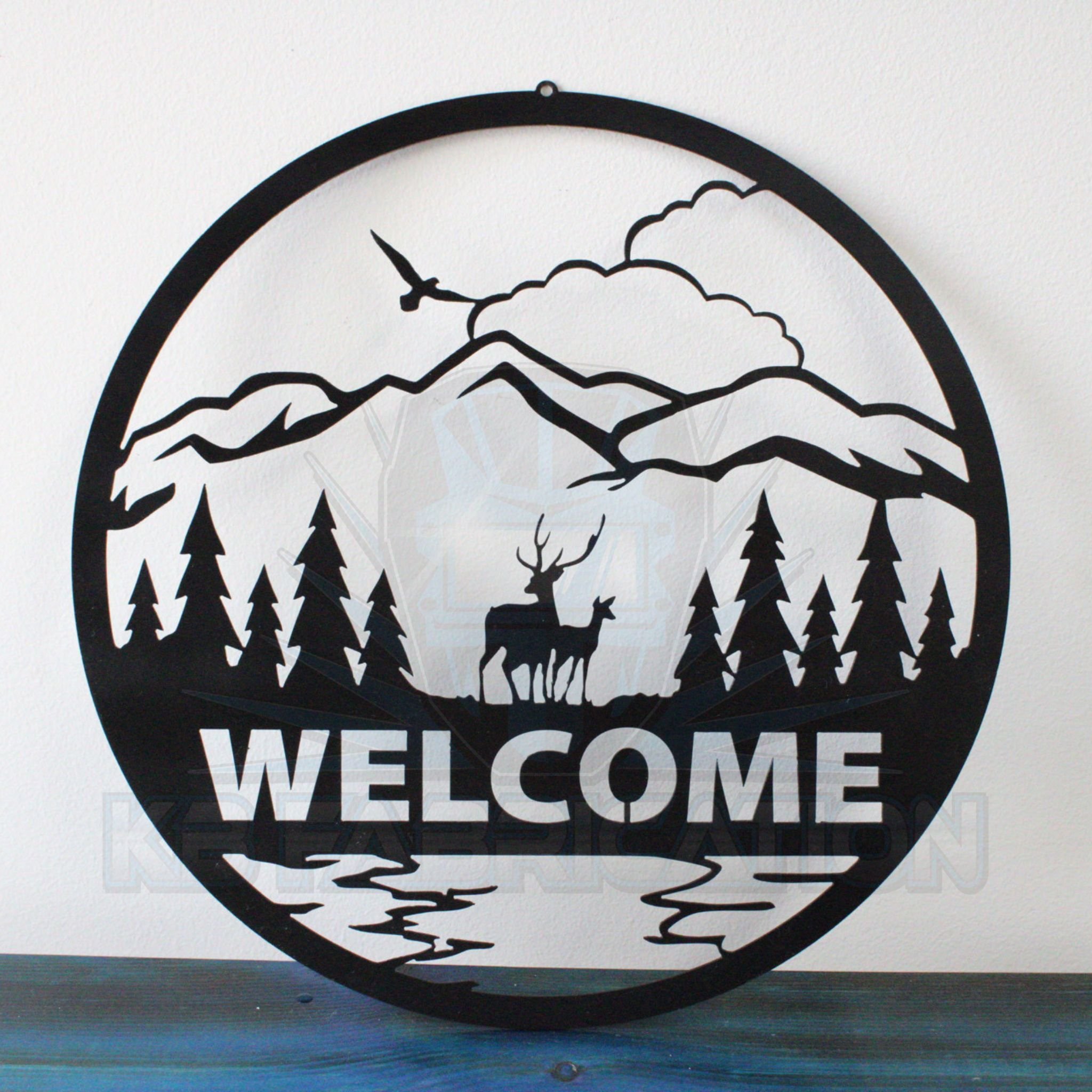 Welcome To The Mountains Metal Sign - Deer in Woods Welcome