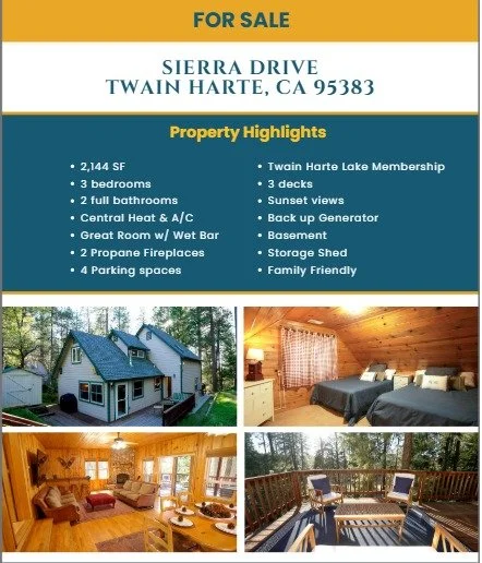 Sierra Drive Cabin &ndash; For Sale

Dreaming of owning a mountain retreat in Twain Harte? 🌲

This beautiful cabin on Sierra Drive offers the perfect blend of comfort, nature, and lifestyle.

✨ 2,144 sq ft
✨ 3 bedrooms | 2 bathrooms
✨ Twain Harte La