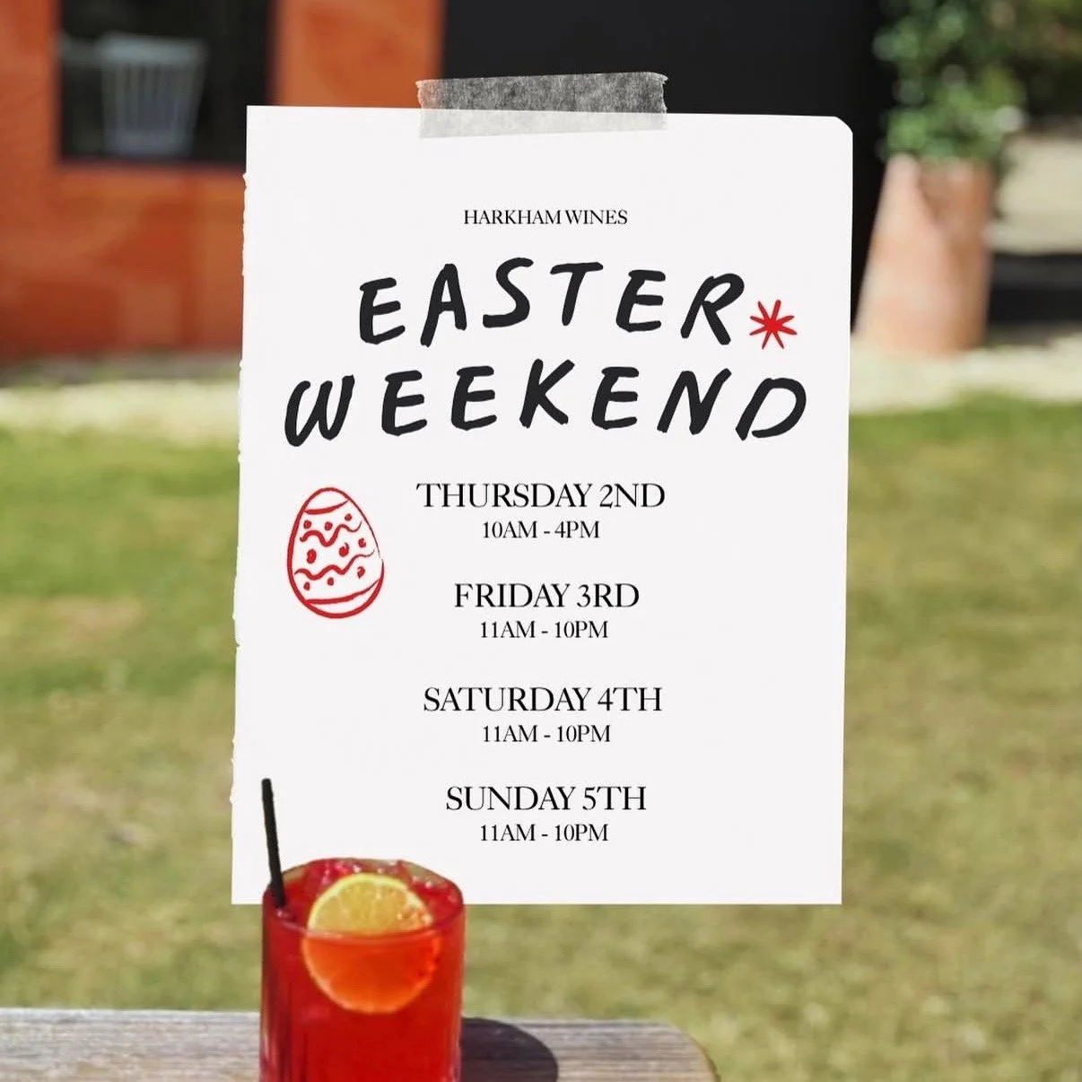 Easter Long Weekend Hours. Come visit us @harkhamwines for food, drinks and a good time.