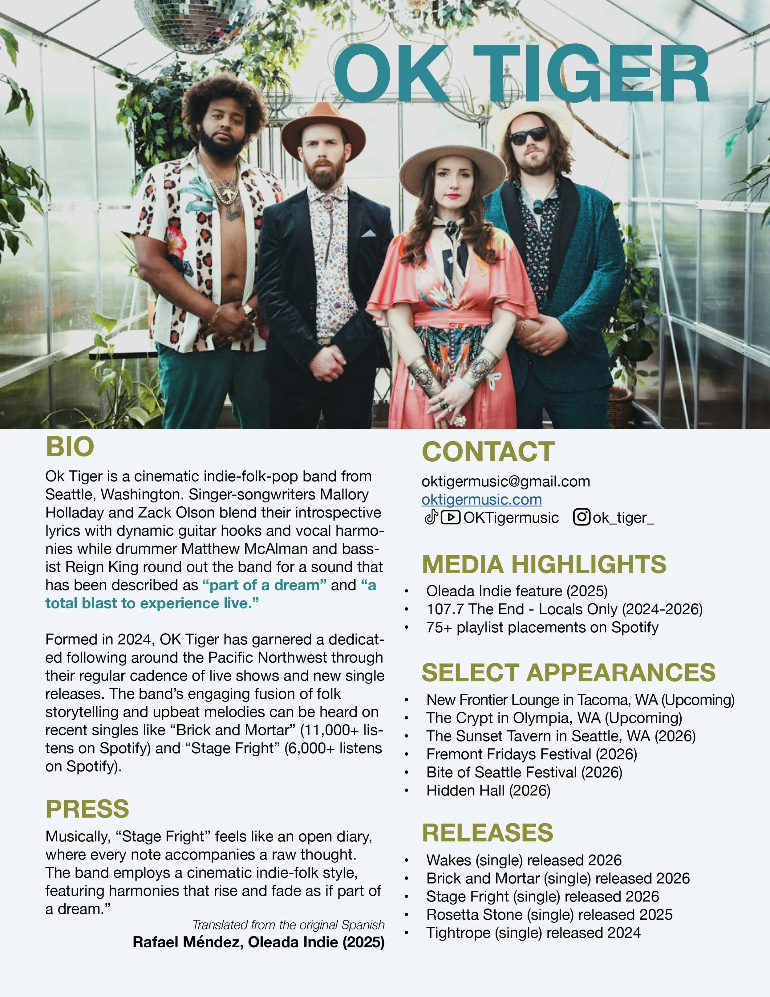 Photograph of a band called OK TIGER standing inside a greenhouse with plants and a disco ball hanging from the ceiling. The band members are dressed in eclectic, vintage-inspired clothing and looking at the camera. The image includes text about the band, their bio, contact info, media highlights, press, and releases.
