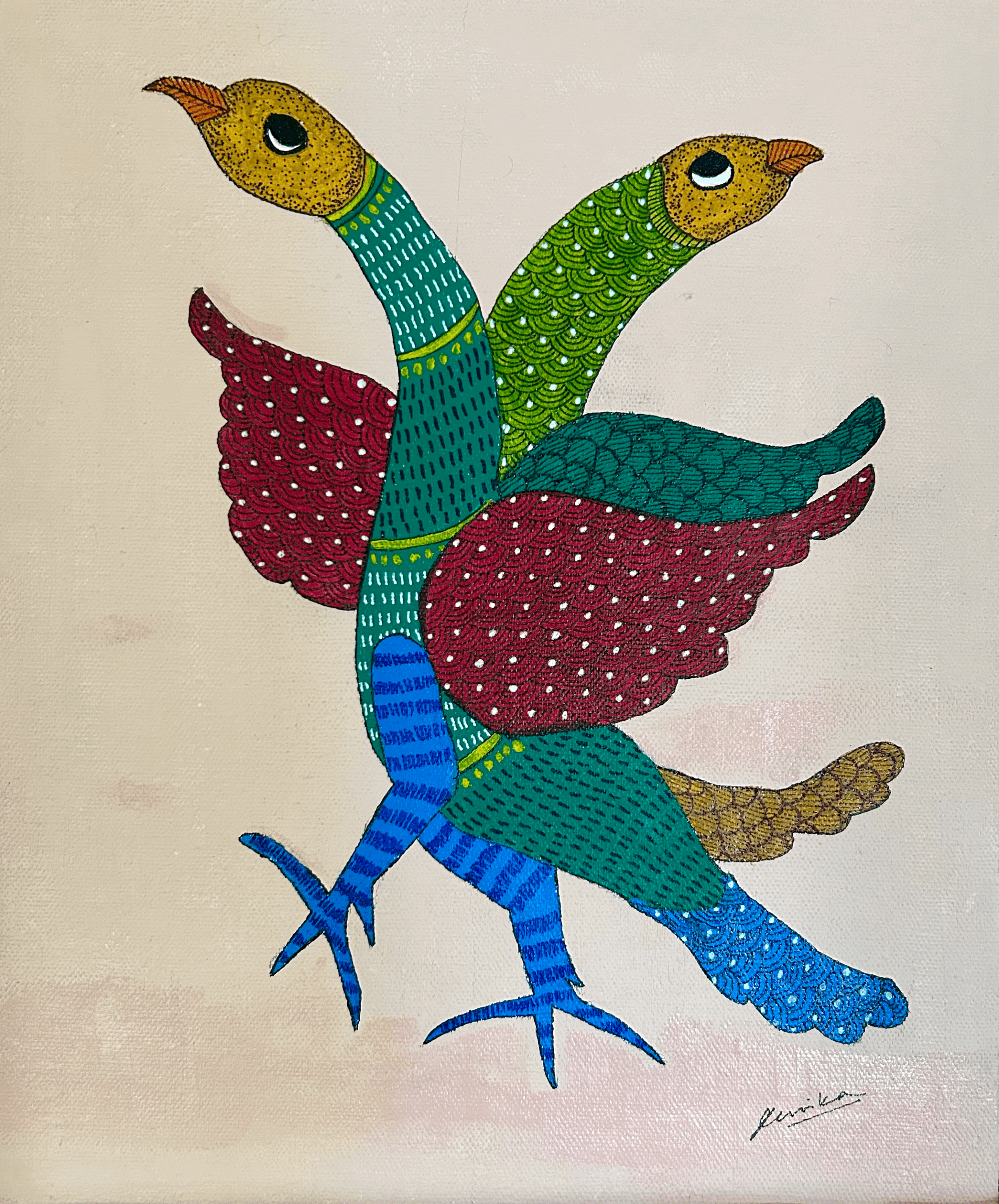 Twin Birds Gond Painting