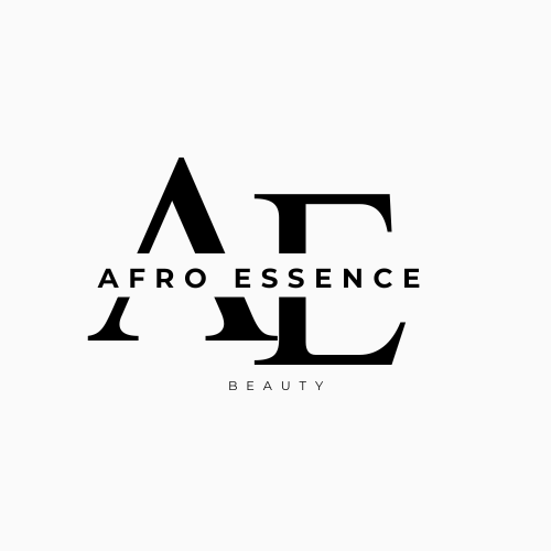 Logo with the word 'AFRO ESSENCE BEAUTY' and stylised letters 'A' and 'E' arranged around it.