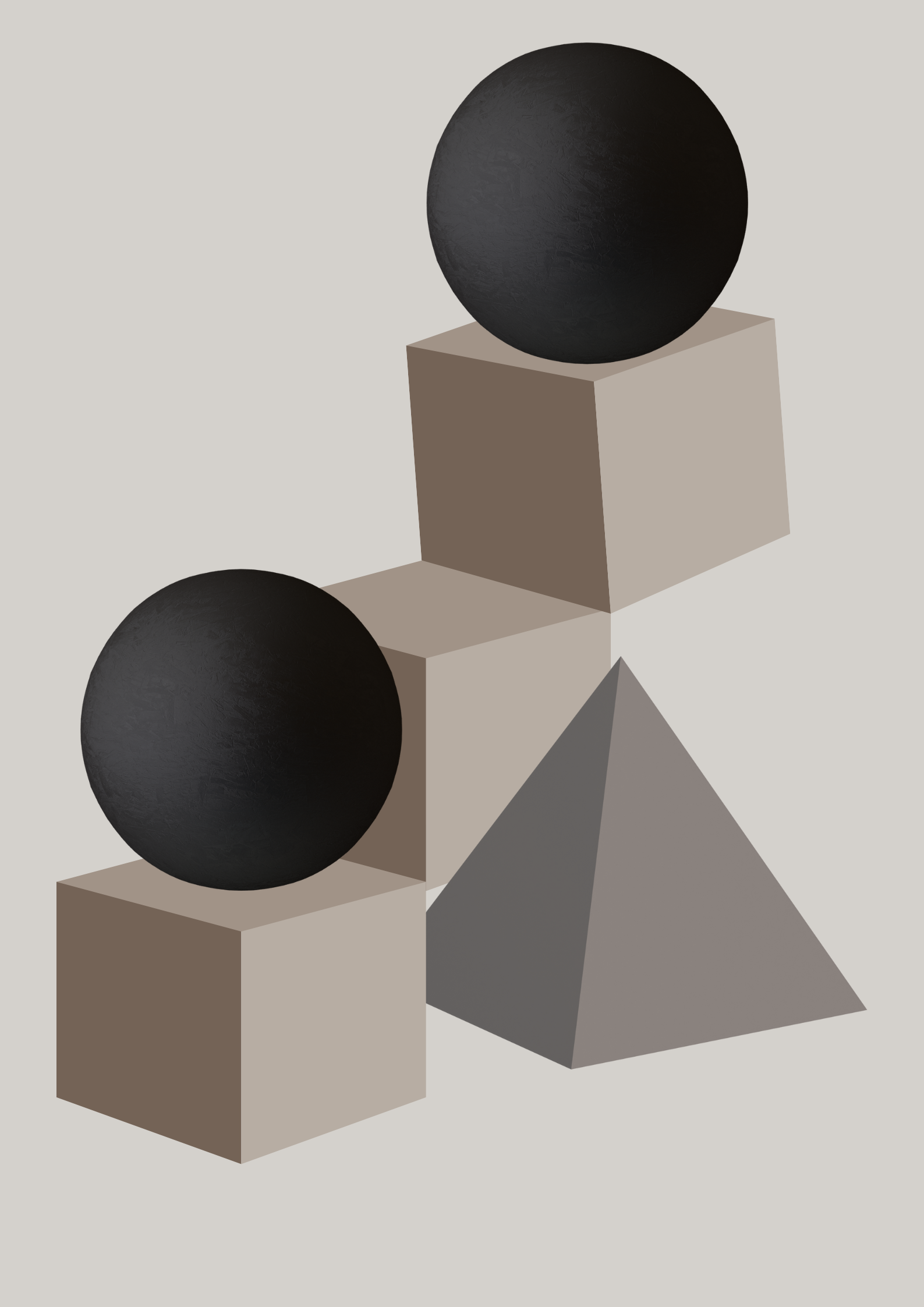 Abstract arrangement of geometric shapes, including two large black spheres, a beige cube, a gray cube, and a gray pyramid, on a light background.