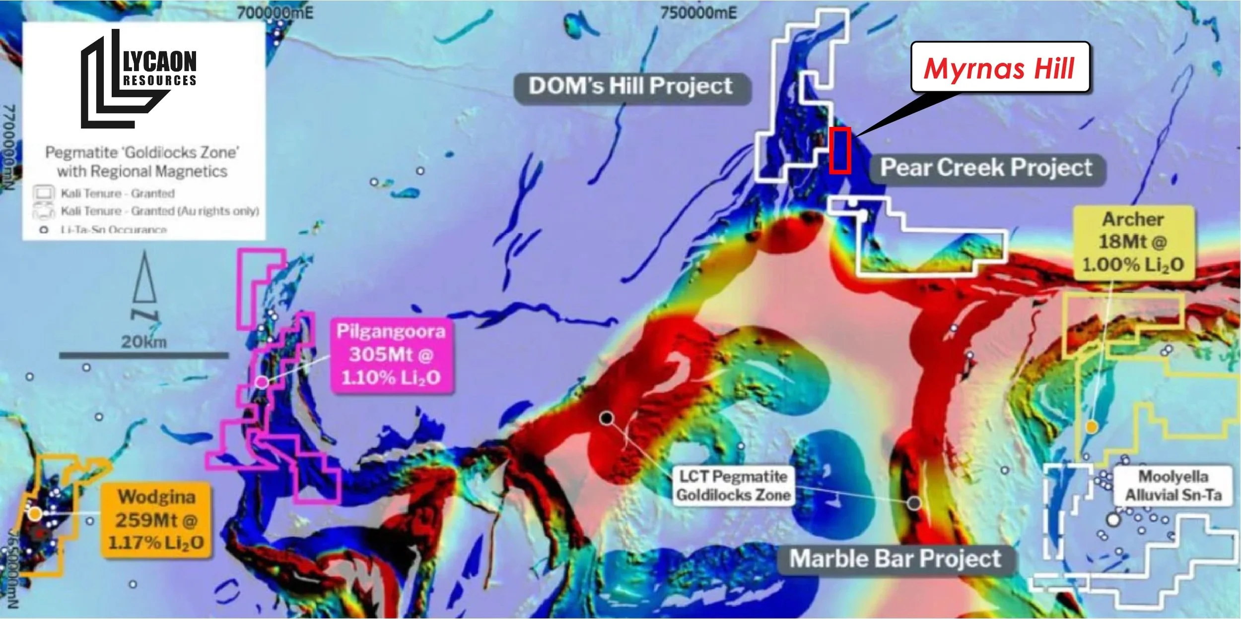 Color-coded geological map depicting mining projects and mineral deposits in the "Goldilocks Zone" by Solara Minerals