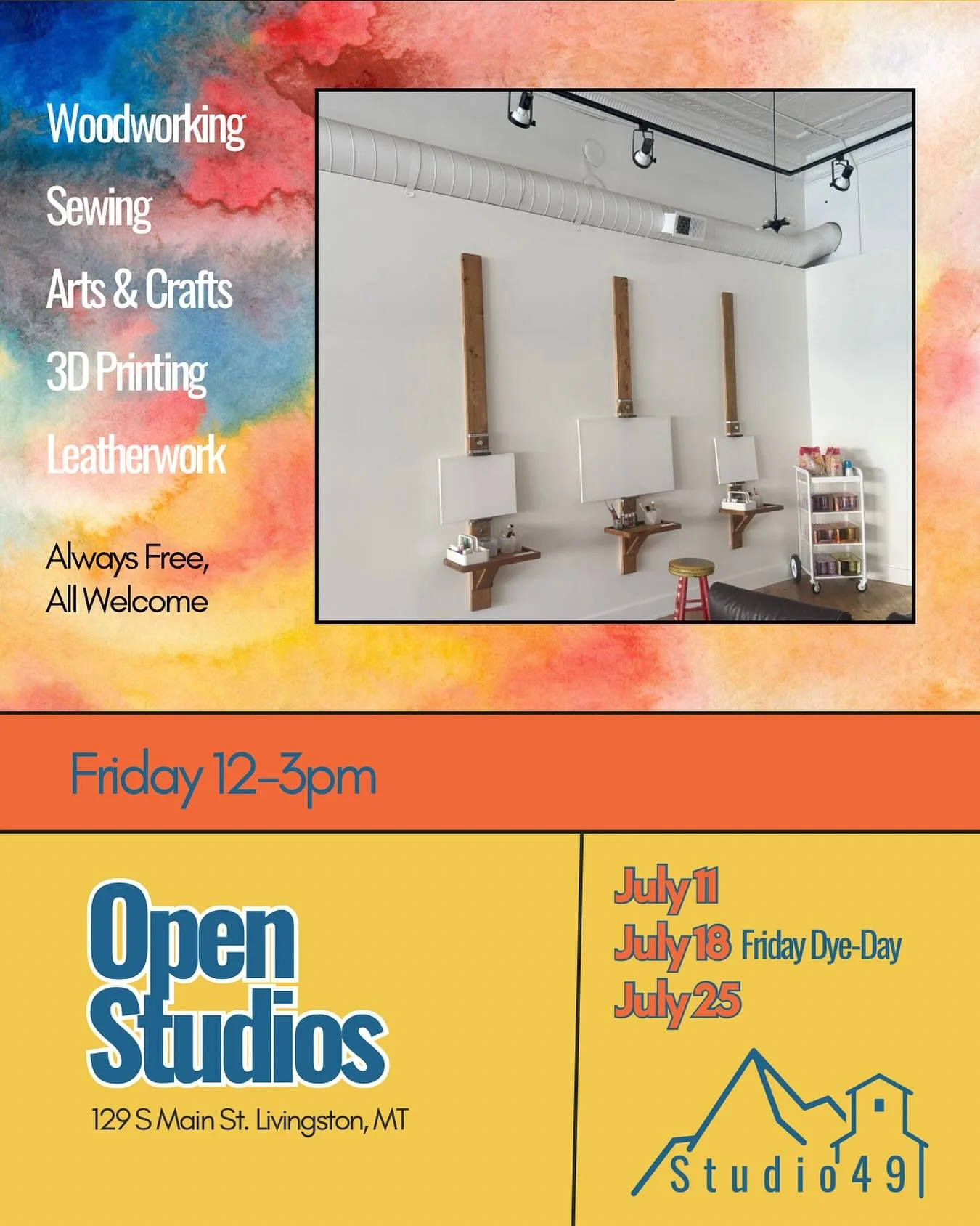 Come down 12-3pm today for an awesome open studios session! Arts, crafts, and cool air on this hot summer afternoon. 

Every Friday for the rest of the month, with a special Friday-Dye-Day next week! 

Don&rsquo;t forget to GIVE A HOOT about Studio49