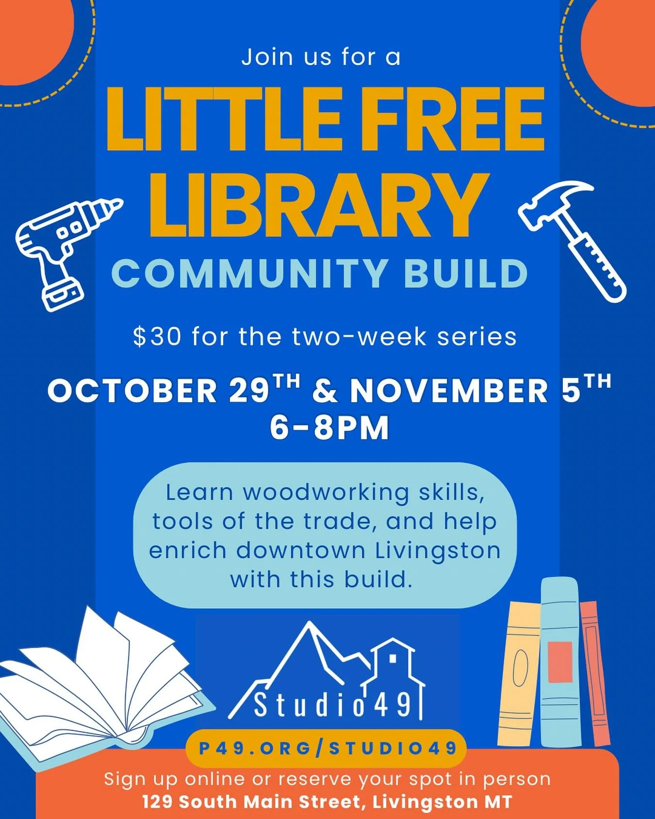Join us for an autumn community build at Studio49! 

We are making a @littlefreelibrary for Lewis Street right outside the studio, and we need your help! 

-learn the tools of the trade
-practice carpentry skills
-enrich your community!

All proceeds