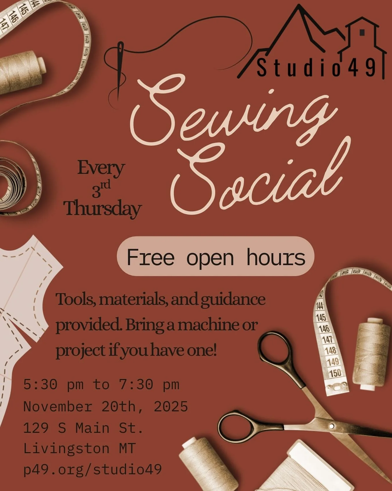 Join us for our November Sewing Social on the 20th, 
and for the third Thursday of the month 5:30-7:30 every month from now on! 

These events are open and free, and welcome to all hand crafting arts. Come if you know how to sew and want to have a co