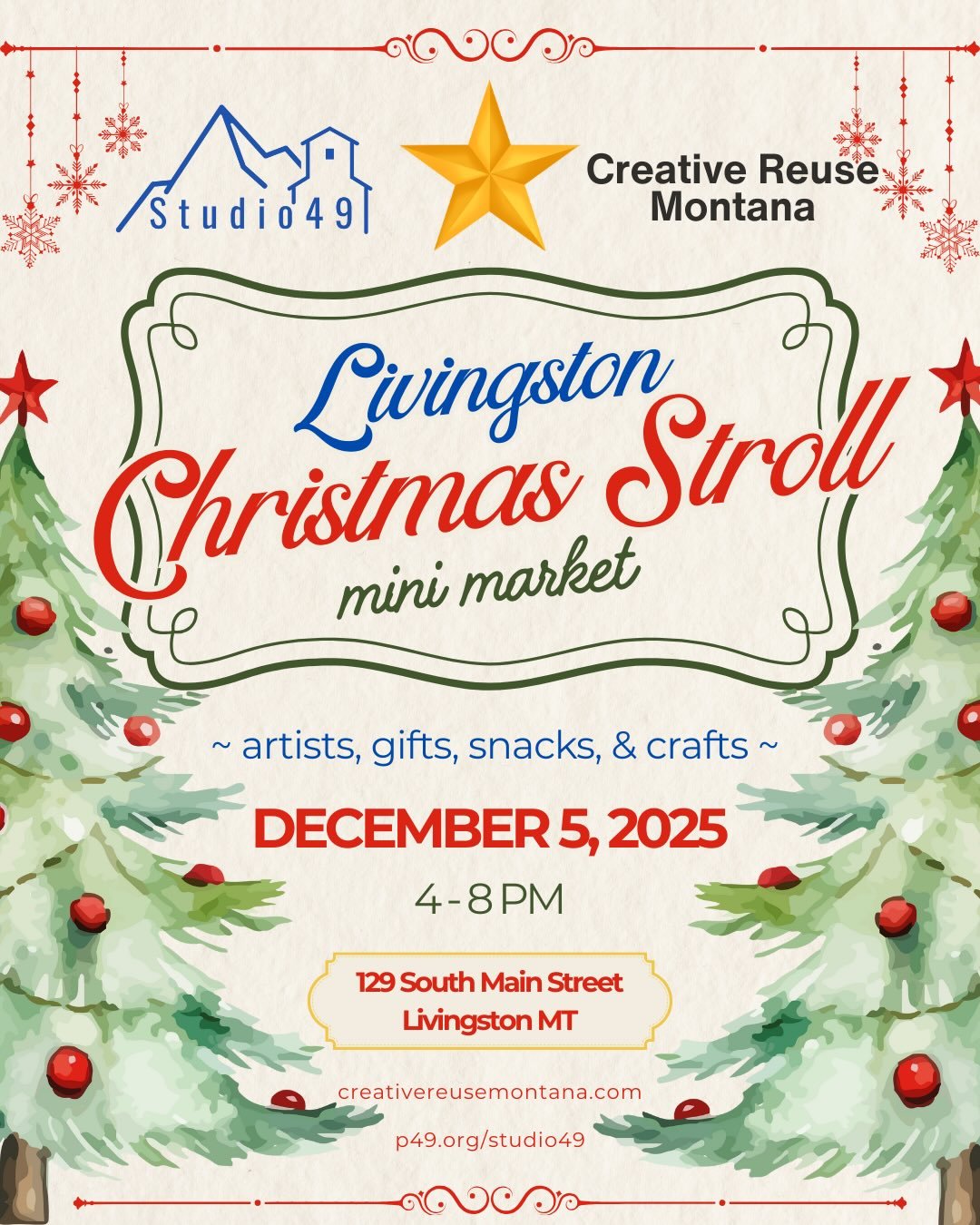 Join us for a mini-market during the Livingston Christmas Stroll! 
Artists, gifts, snacks, and crafts all inside our cozy space at 129 S Main Street. We can&rsquo;t wait to get into the festive spirit with you all!
Be sure to come see what our mini-m