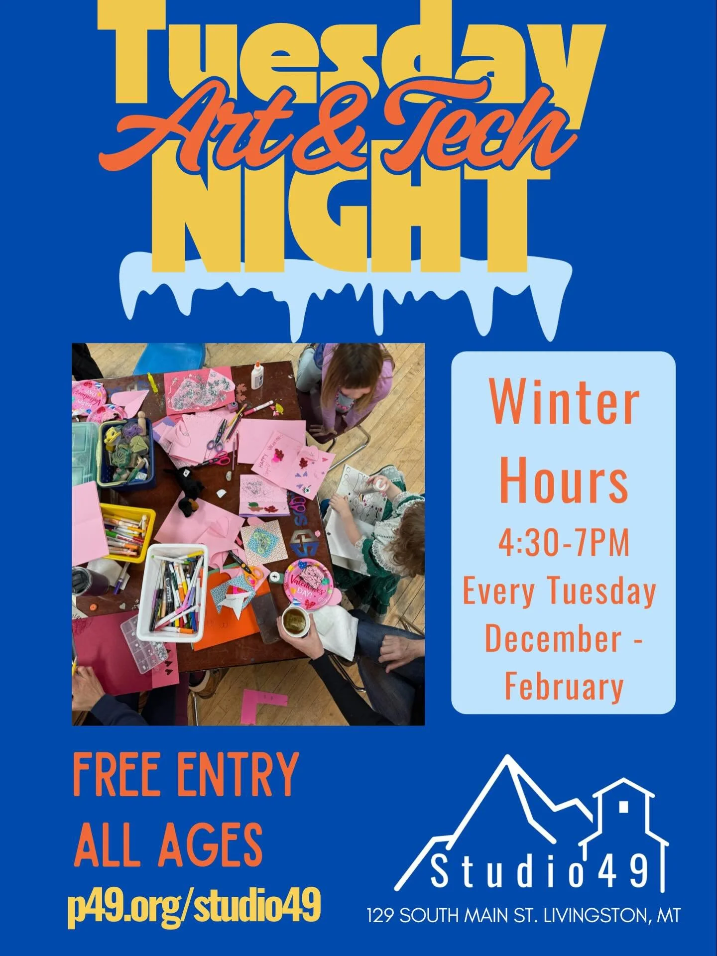 Jump back into Tuesday Art &amp; Tech Nights next week with our new ❄️ WINTER HOURS ❄️ 4:30-7pm

We have noticed the lineup out the door and don&rsquo;t want anyone waiting in the cold! And as it continues to get darker earlier on, we are making the 