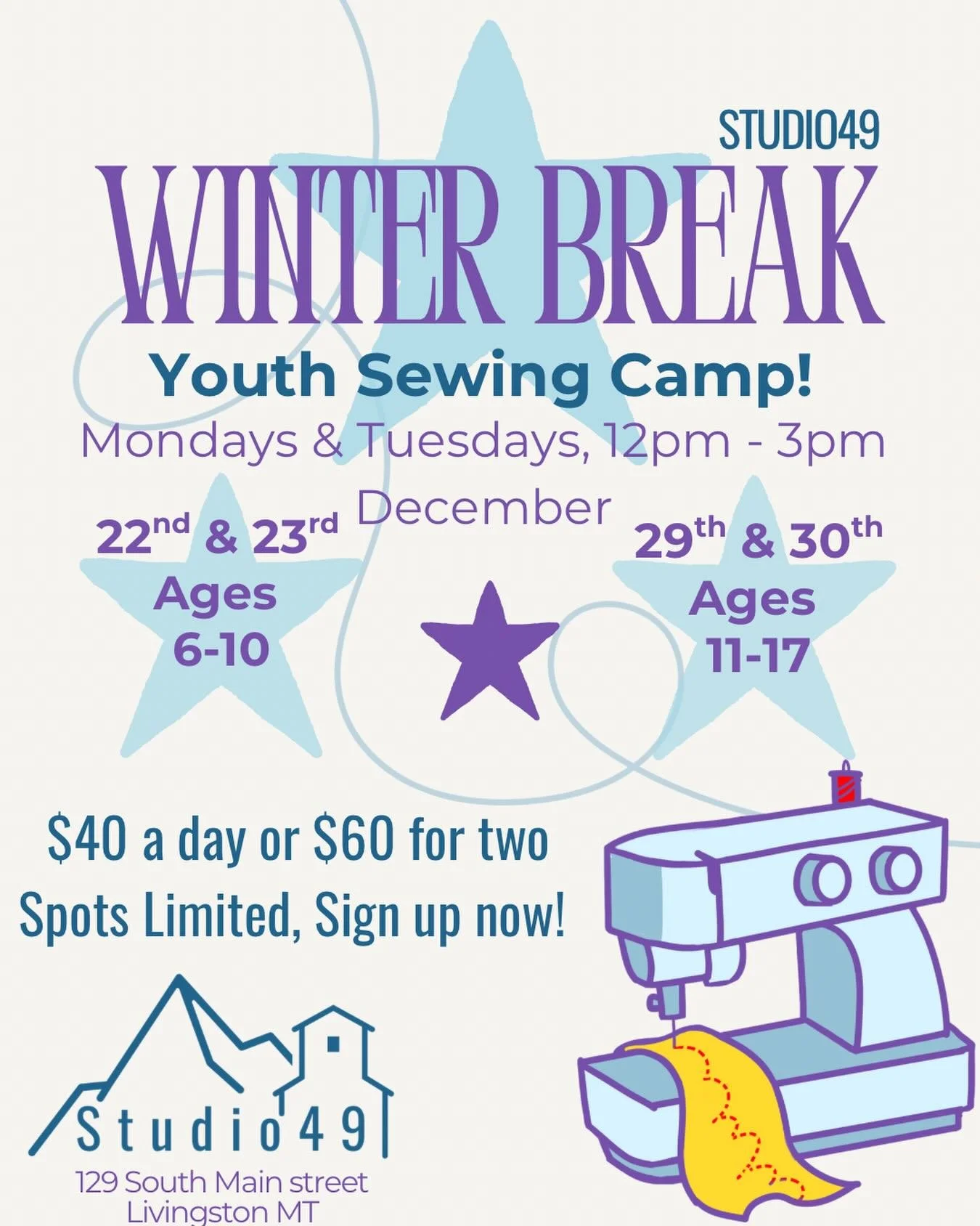 That&rsquo;s right - We are kicking off this ❄️ winter break ❄️ with not one but TWO awesome youth sewing opportunities! 

Don&rsquo;t miss out on getting your little ones crafting this snowy season. It&rsquo;s doubles as a perfect gift, too!

Whethe
