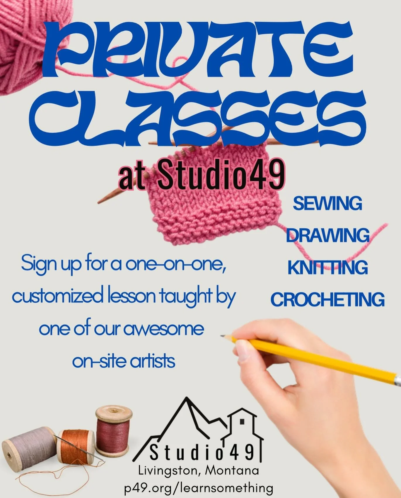 Looking for the perfect holiday gift for someone you love? 
Sign them up for a private lesson at Studio49!
That&rsquo;s right. We now offer one-on-one, personalized classes in 
- sewing 🪡
- knitting 🧣
- drawing ✍️ 
- crocheting 🧶 

Purchase throug
