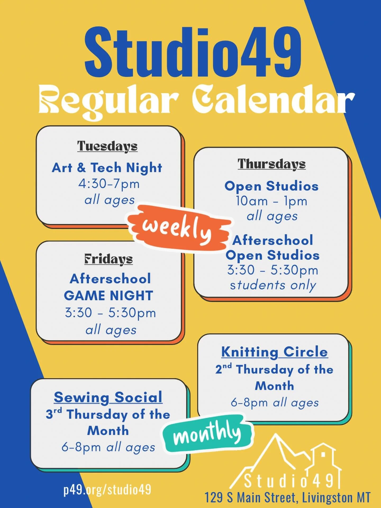 New 2026 regular calendar with NEW open hours, MORE afterschool hours, and CONTINUING creative events! 

We are so excited to ring in 2026 with not 2, not 3, but 4 new or additional regular events here at Studio49!

So make sure to support our missio