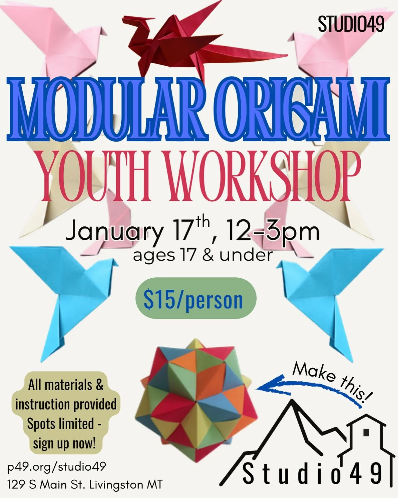 Join us for an awesome kids workshop!!! 

Learn the basics of origami folding and create an awesome, unique 3D paper piece!

Sign up through the link in our bio ✨