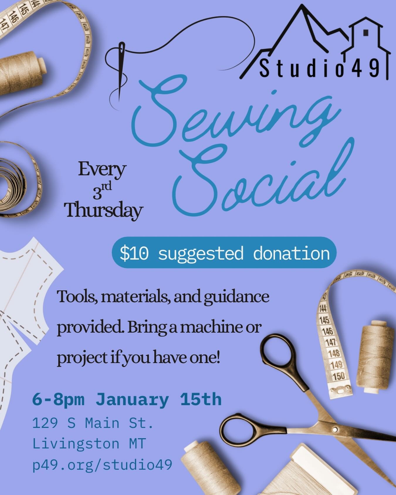 Join us this Thursday and get your hands sewing away! 
Bring a project, repair, or mend of your choice and come get cozy in our creative, chill crafting space! 

Machines, materials, and guidance all provided. 
6-8pm at Studio49. 

Free to all, donat