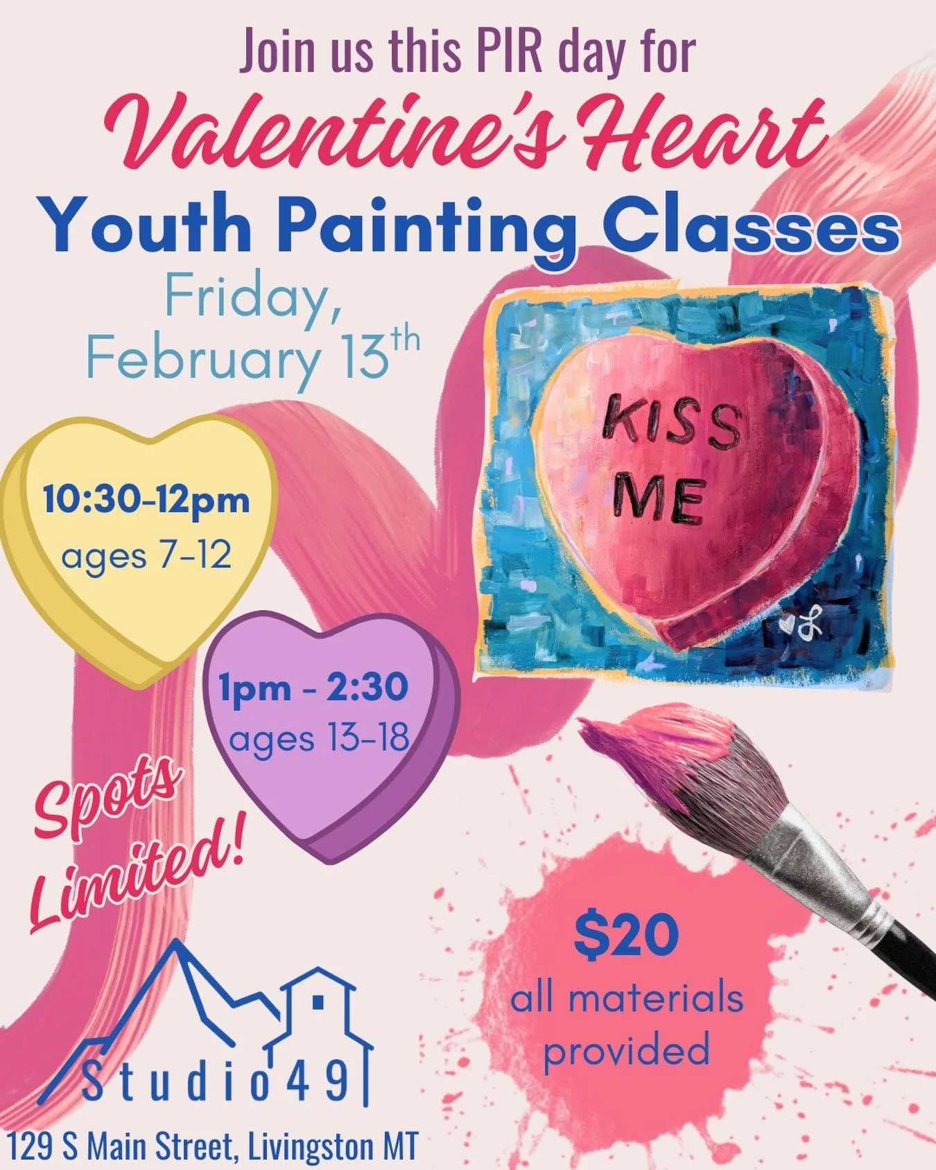 Join us and our newest teacher @_moodandmagic for an extra special 💜💓 Valentine&rsquo;s Painting Workshop! 💓💜

PIR Friday, February 13th!
Two classes, two age groups, 
💙10:30-12pm with ages 7-12
💜1-2:30pm with ages 13-18 

All materials provide