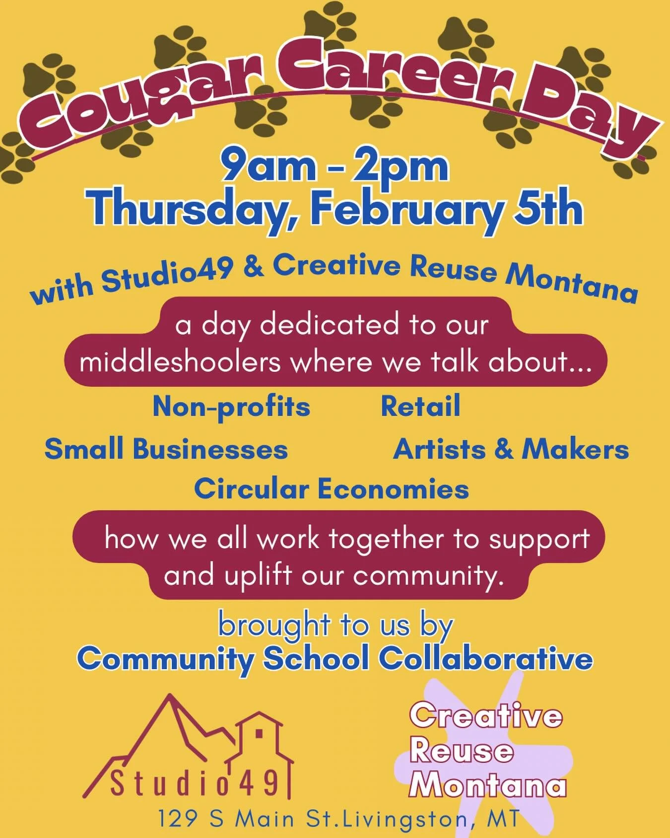 We can&rsquo;t wait to partner with @creativereusemontana  and have our middle schoolers stop by and see the space, engage with our diverse professionals and creatives, and learn about our roles in this community! 

Because of this, we will NOT be ha