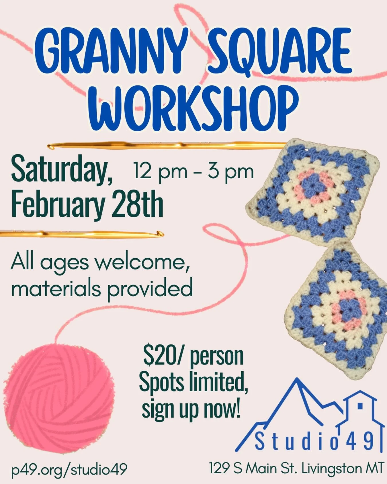 That&rsquo;s right, Granny Squares are back! Join us next Saturday 2/28 from 12-3pm for another workshop - link in bio to sign up! 

Spots limited and they are going quick. All supplies provided, no experience necessary to enroll.