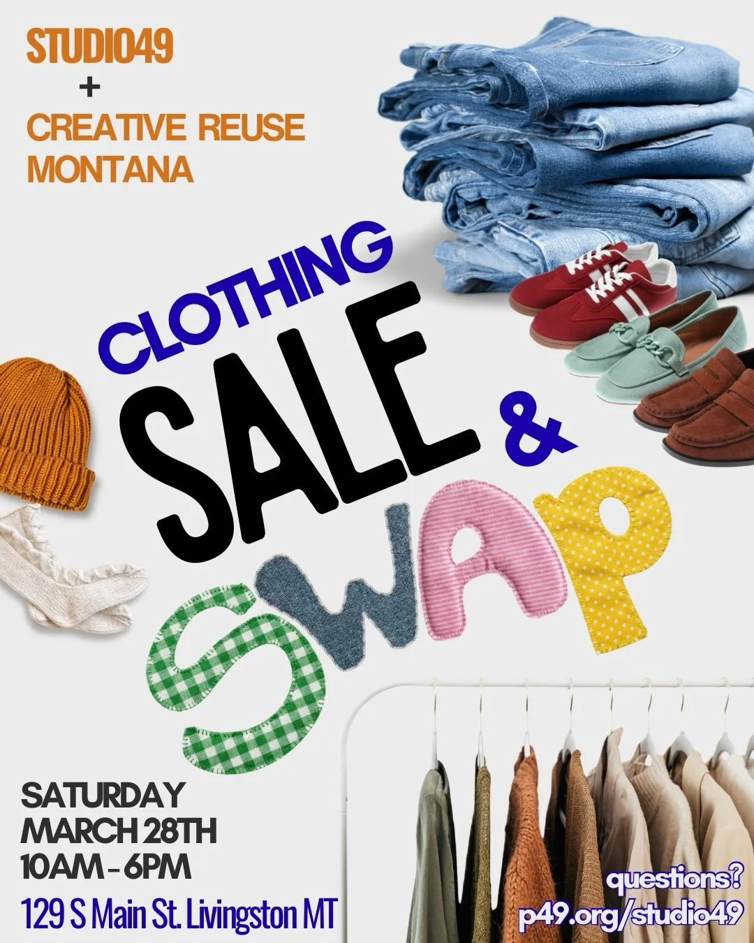 Swap the old, style the new! Join us for a fun spring clothing sale and swap with vendors, treats, and a huge swap zone in the back. 

👖we will have two vendors in the front space selling a variety of vintage, retail, and second hand items with size