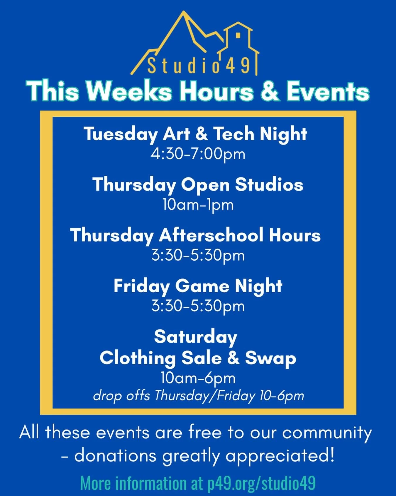 This weeks community hours! 
Each of these events are free of charge - donations greatly appreciated!

And join us for our extra special clothing swap this Saturday! 
10-6pm vendors in the front, HUGE swap in the back in wonderful partnership with @c