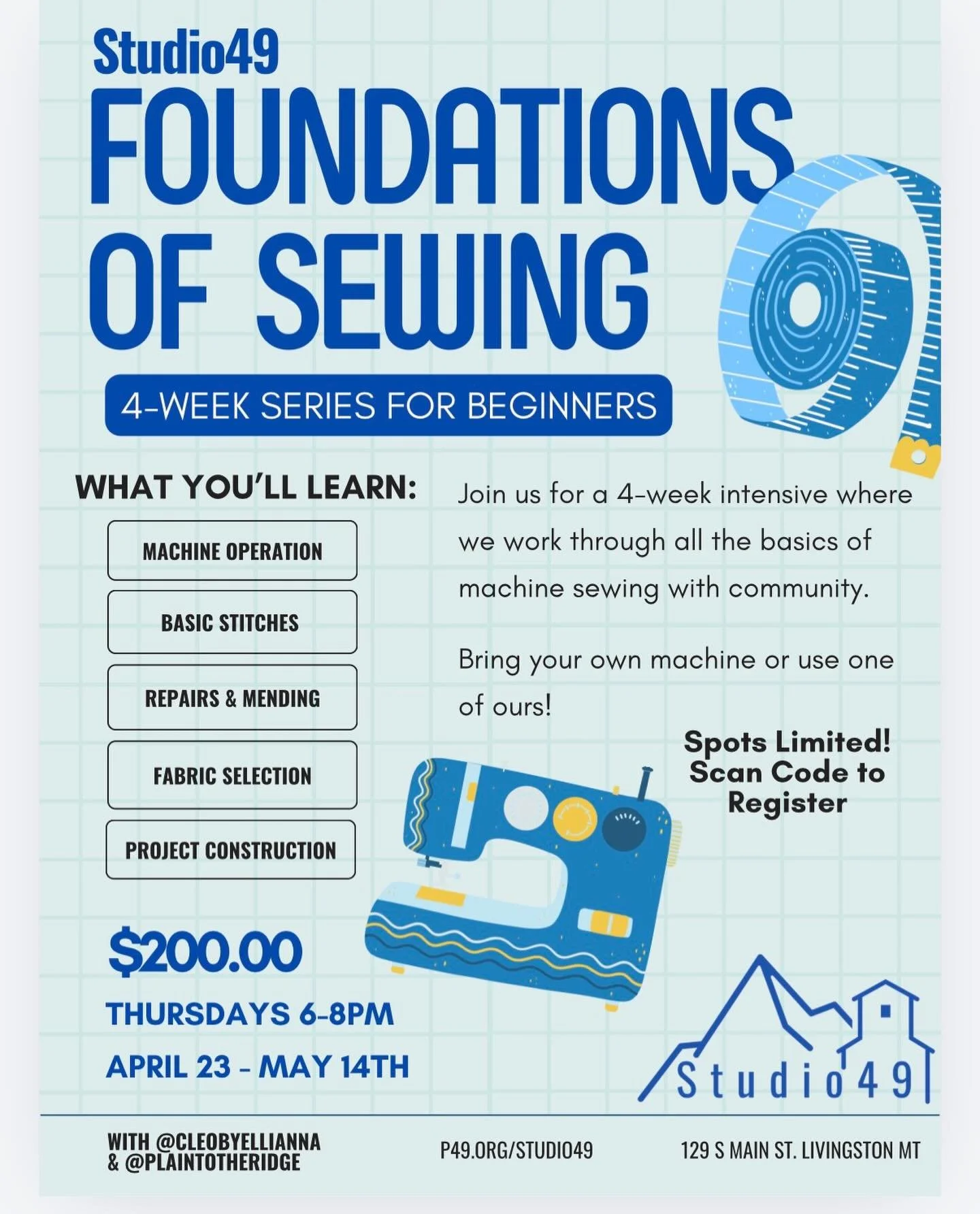 It&rsquo;s finally here!! 
Join us for our 4-week series of Foundations of Sewing at Studio49 - Thursdays from 6-8pm, April 23-May 14th

We will go over all the basics and explore a bunch of fun and accessible repair/alteration techniques, PLUS explo