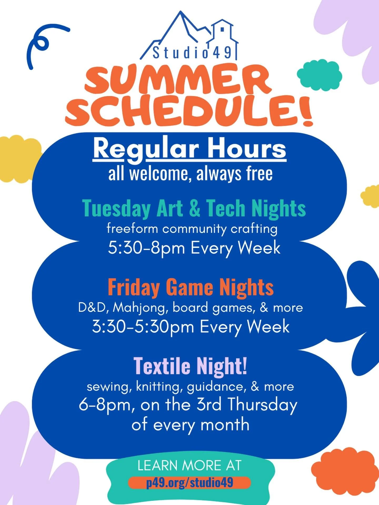 Join us for our regular FREE hours all summer long! 

 🎨Tuesday Art Nights, 5:30-8pm EVERY WEEK

🎲 Friday Game Nights 3:30-5:30 EVERY WEEK 

🧶 Textile Nights 6-8pm on the third Thursday EVERY MONTH

And don&rsquo;t forget to check out our camps th