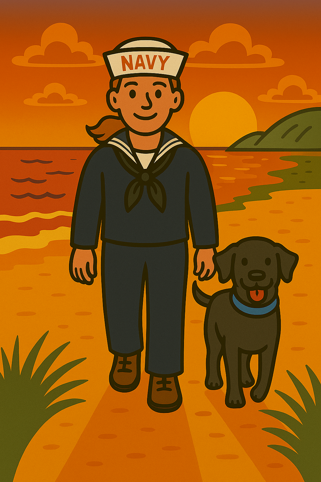 An illustration of a young woman in Navy uniform walking along a beach at sunset, holding a dog's leash, with the sun setting over the ocean and green hills in the background.