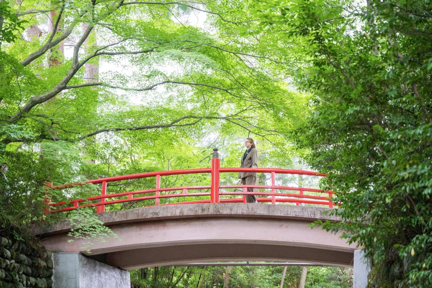 A woman in a brown suit standing on a red arched bridge surrounded by lush green trees.